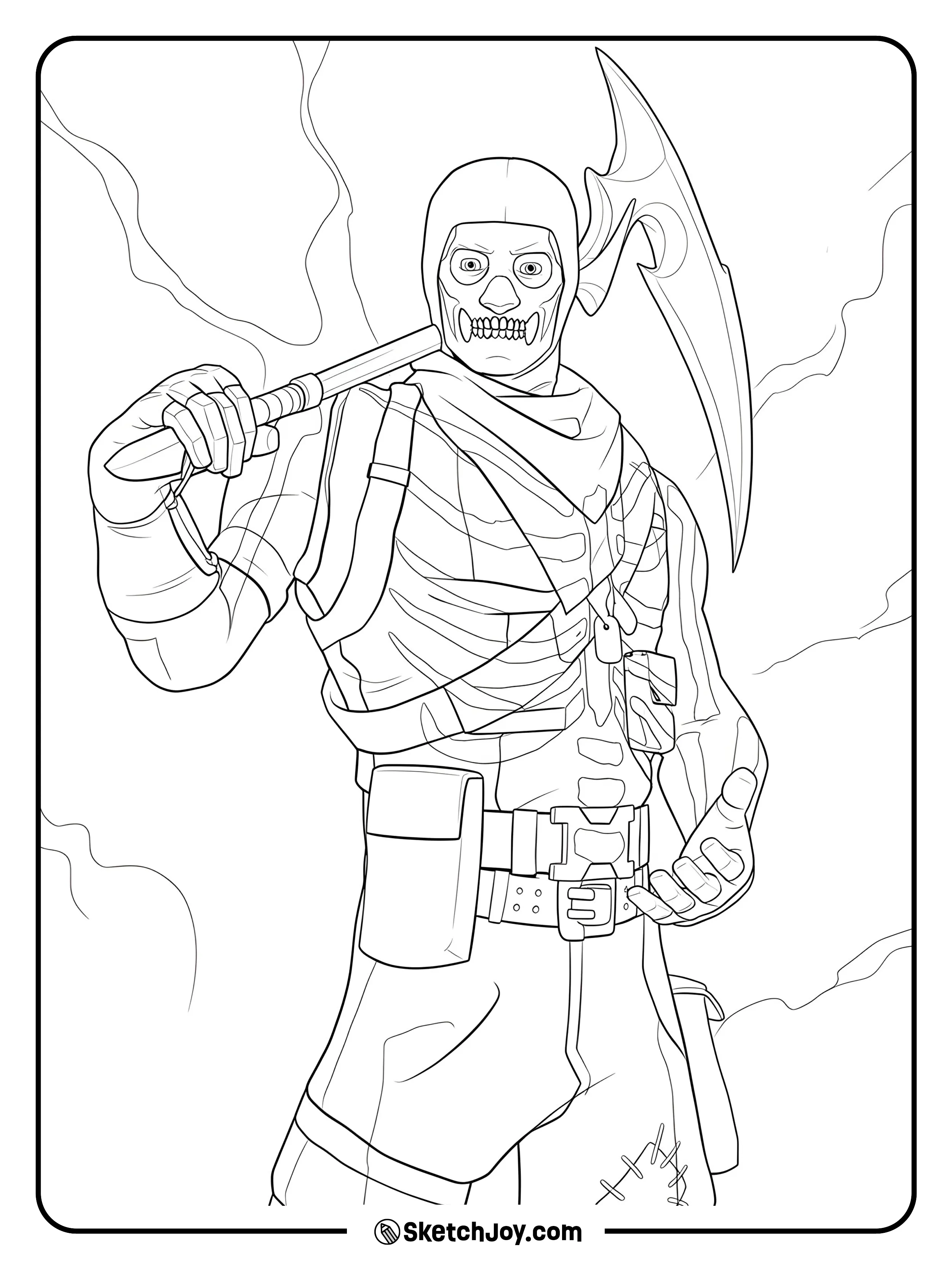 The spooky Skull Trooper stands ready, holding his sharp pickaxe with electric energy swirling behind him.