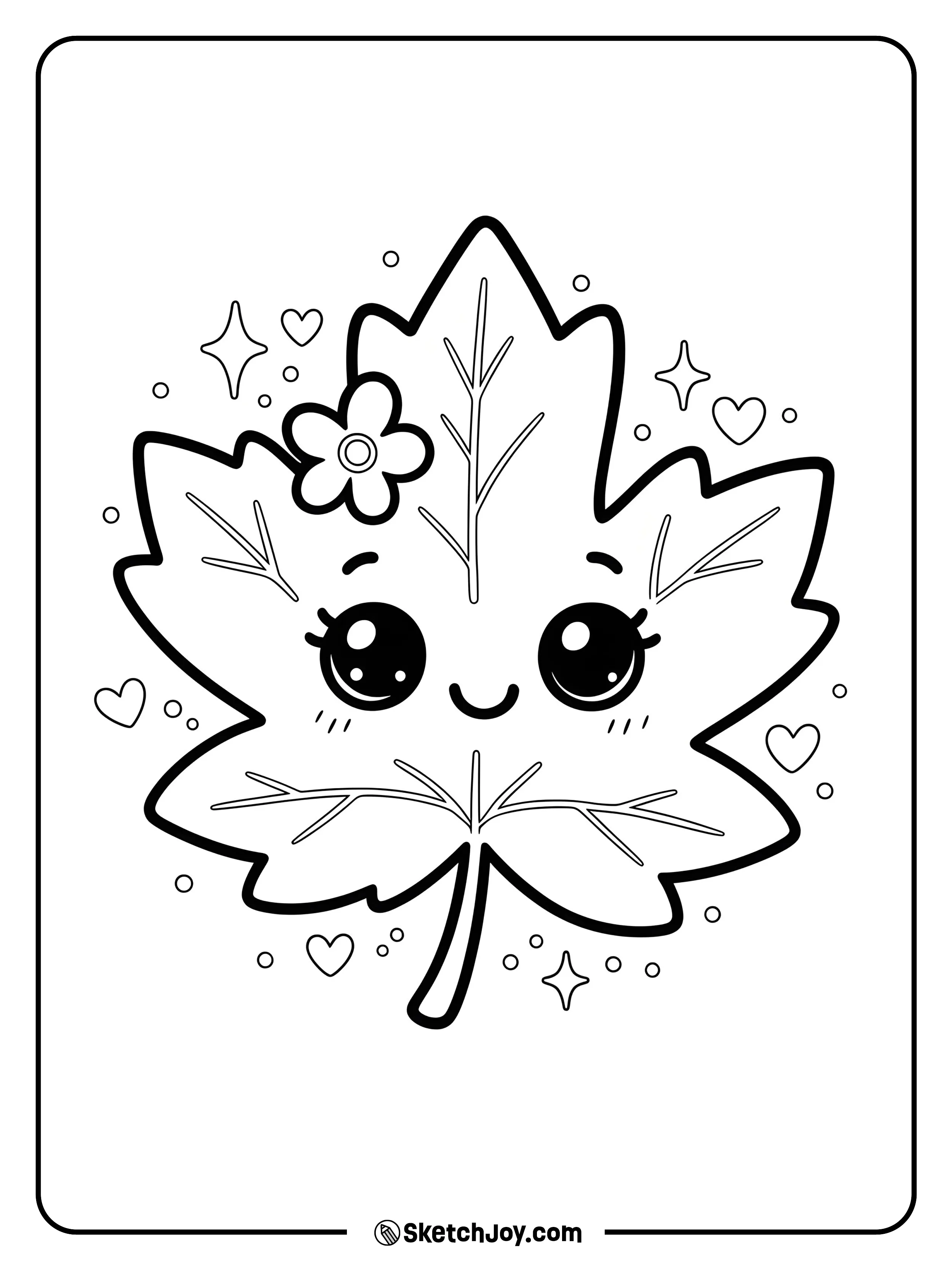 A cute maple leaf with big eyes and a tiny flower