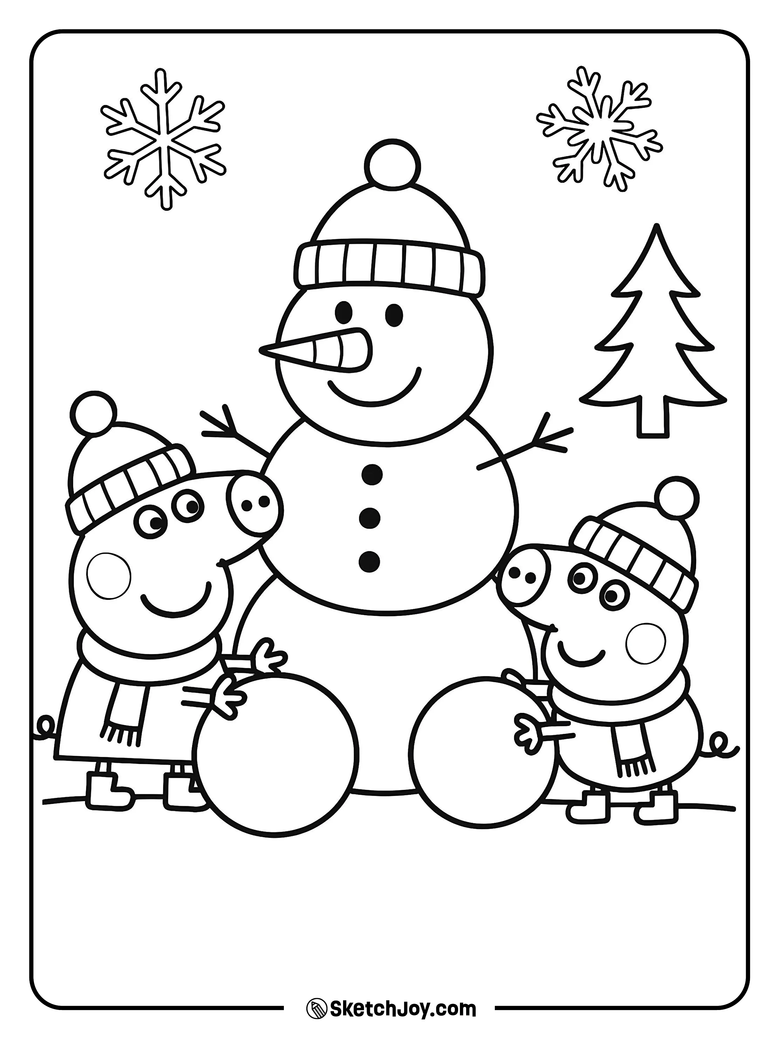 Peppa and George roll snowballs to build a snow friend