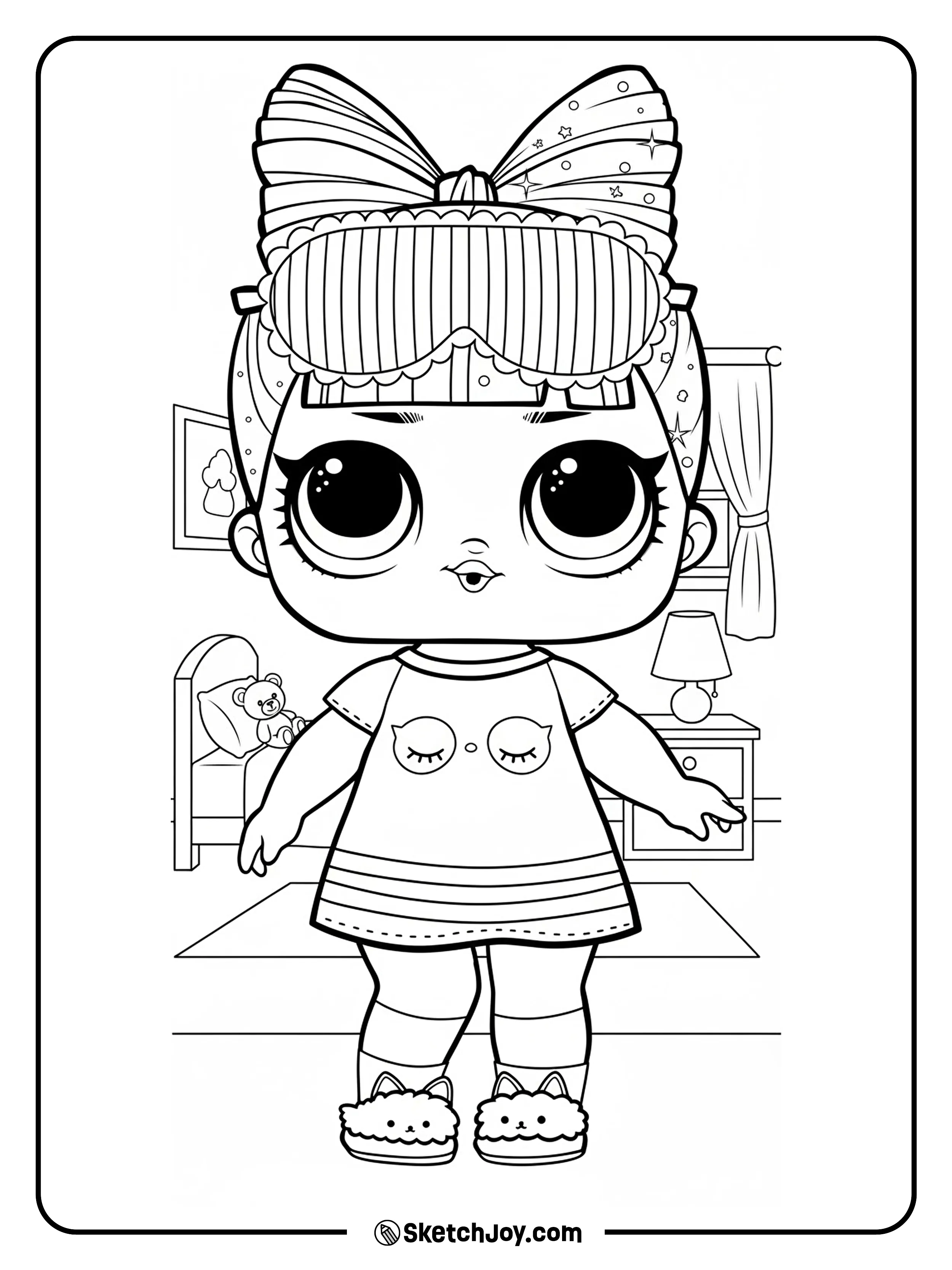 Snuggle Babe stands cozy with her big bow and sleep mask