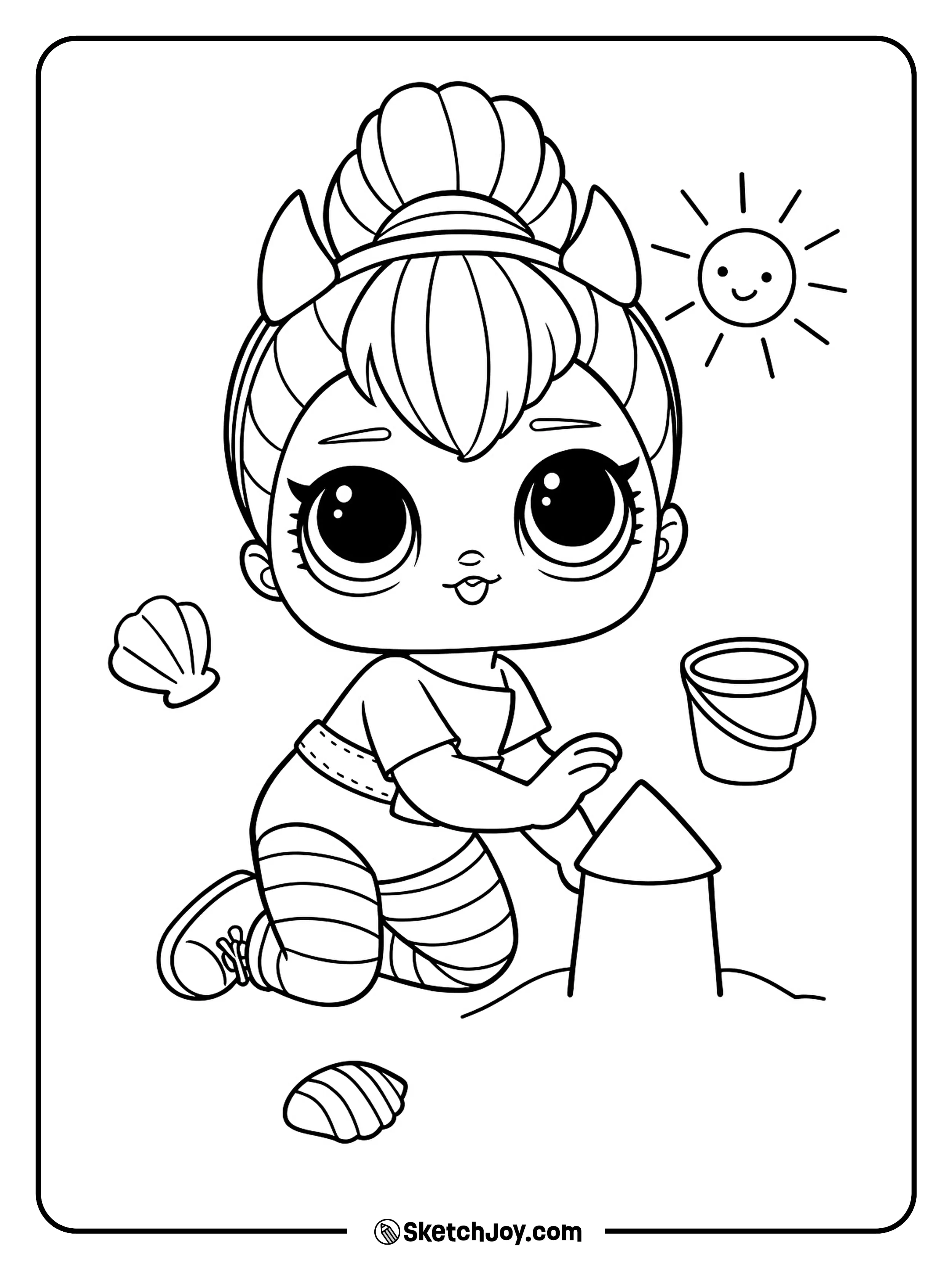 Spice kneels to pat a small sandcastle.