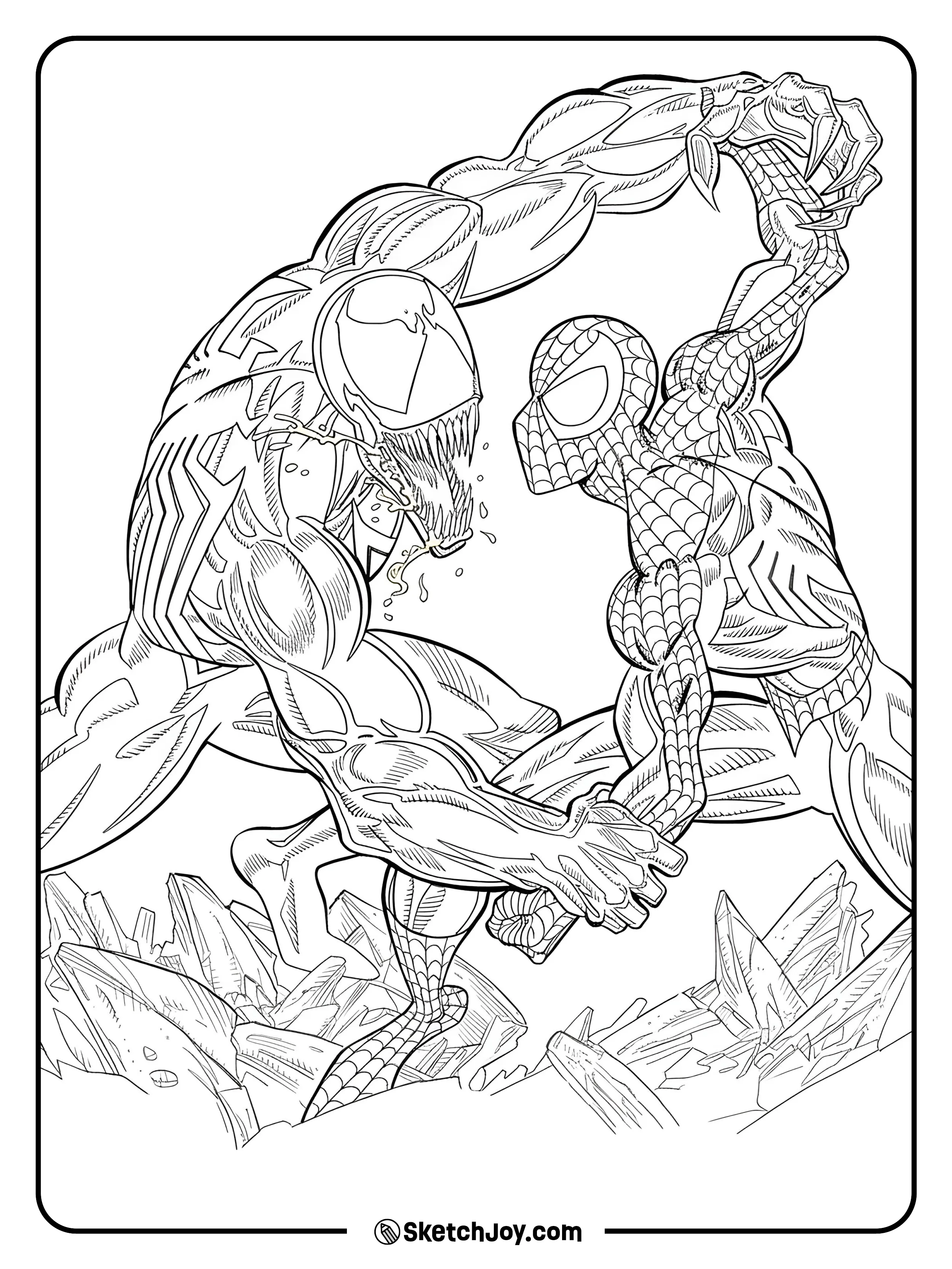 Spider-Man and Venom clash in a fierce battle among broken debris.