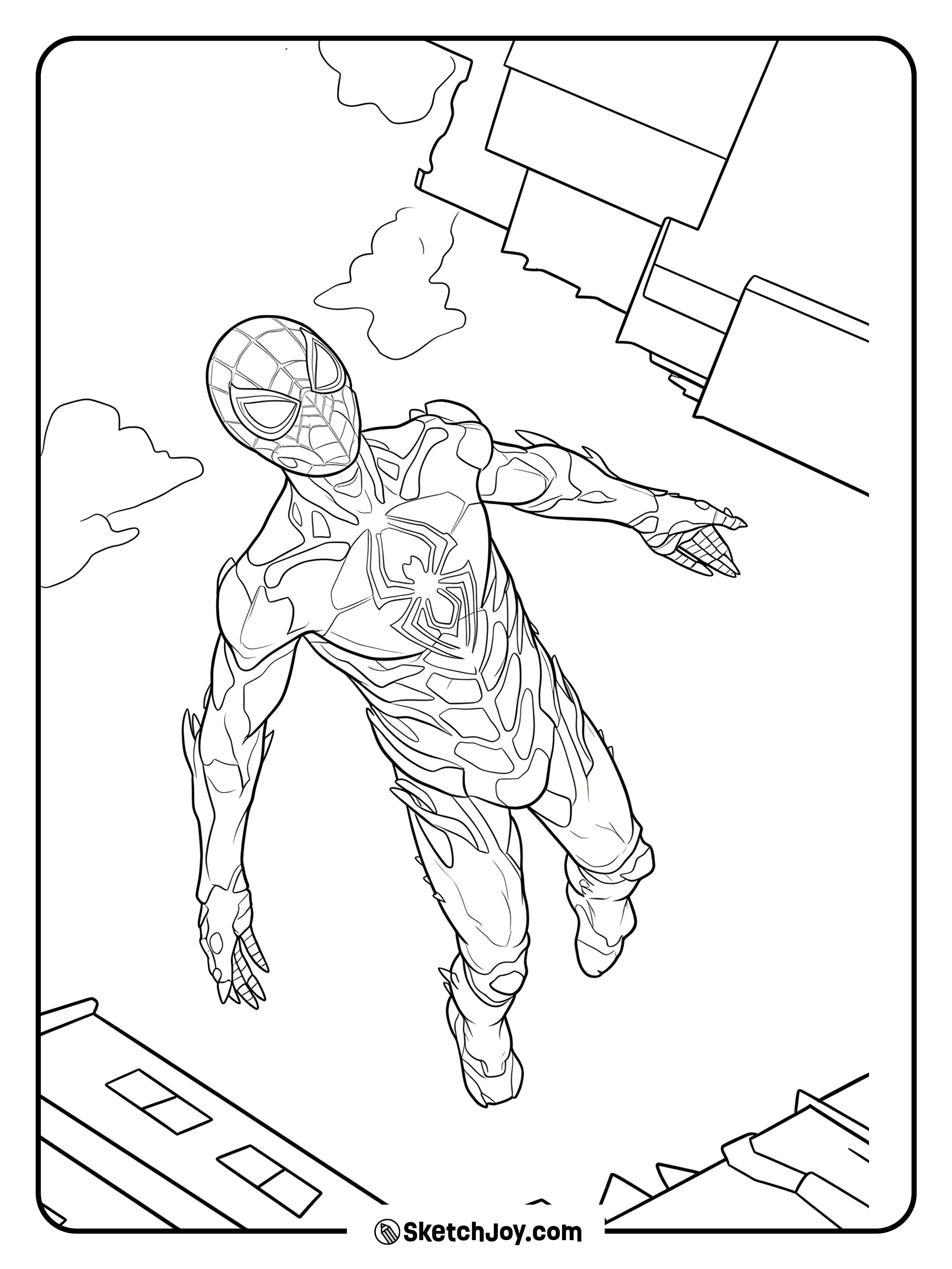 A dramatic and futuristic view of Spider-Man suspended in mid-air