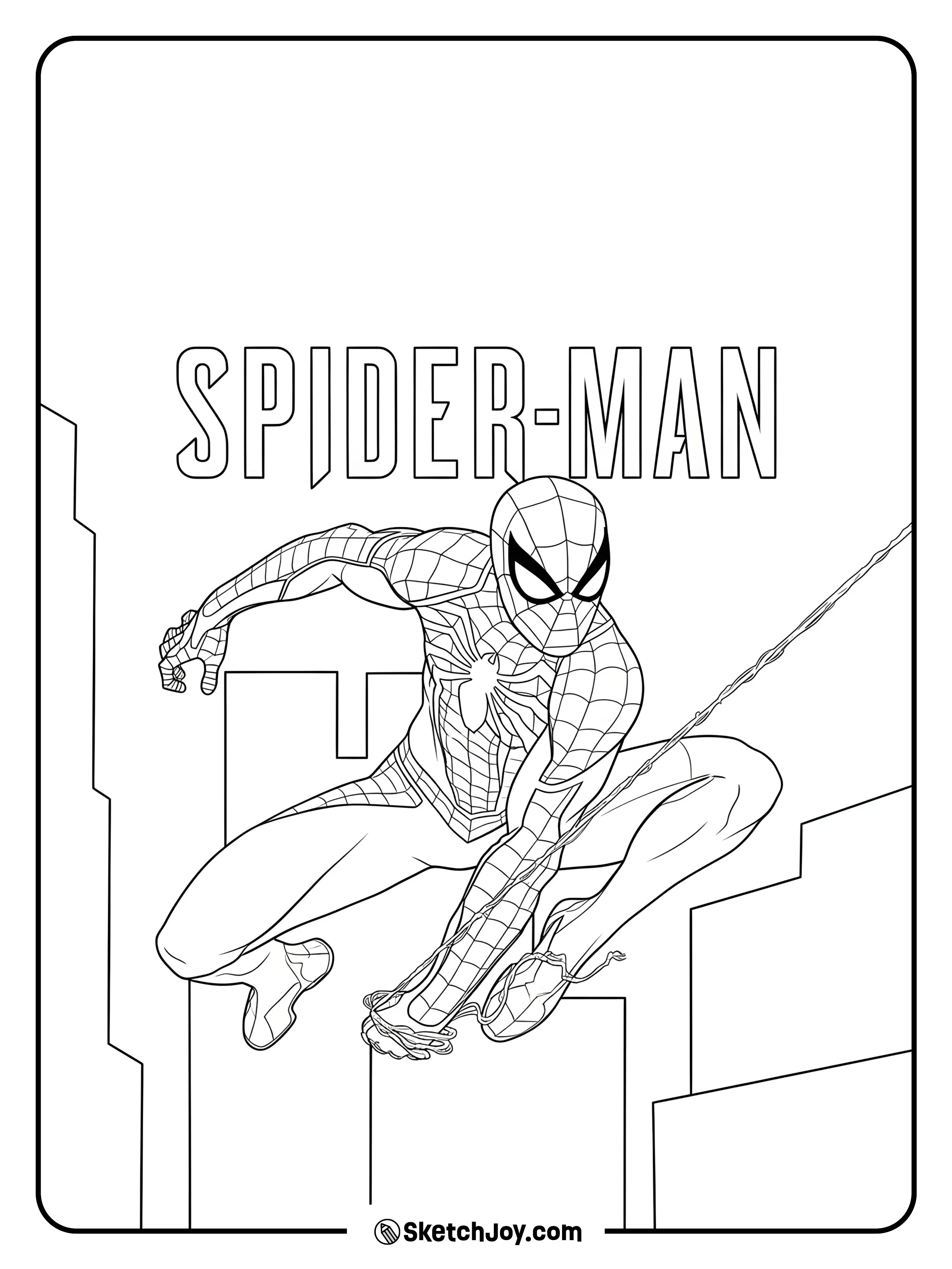 A bold superhero action pose with Spider-Man swinging through the city
