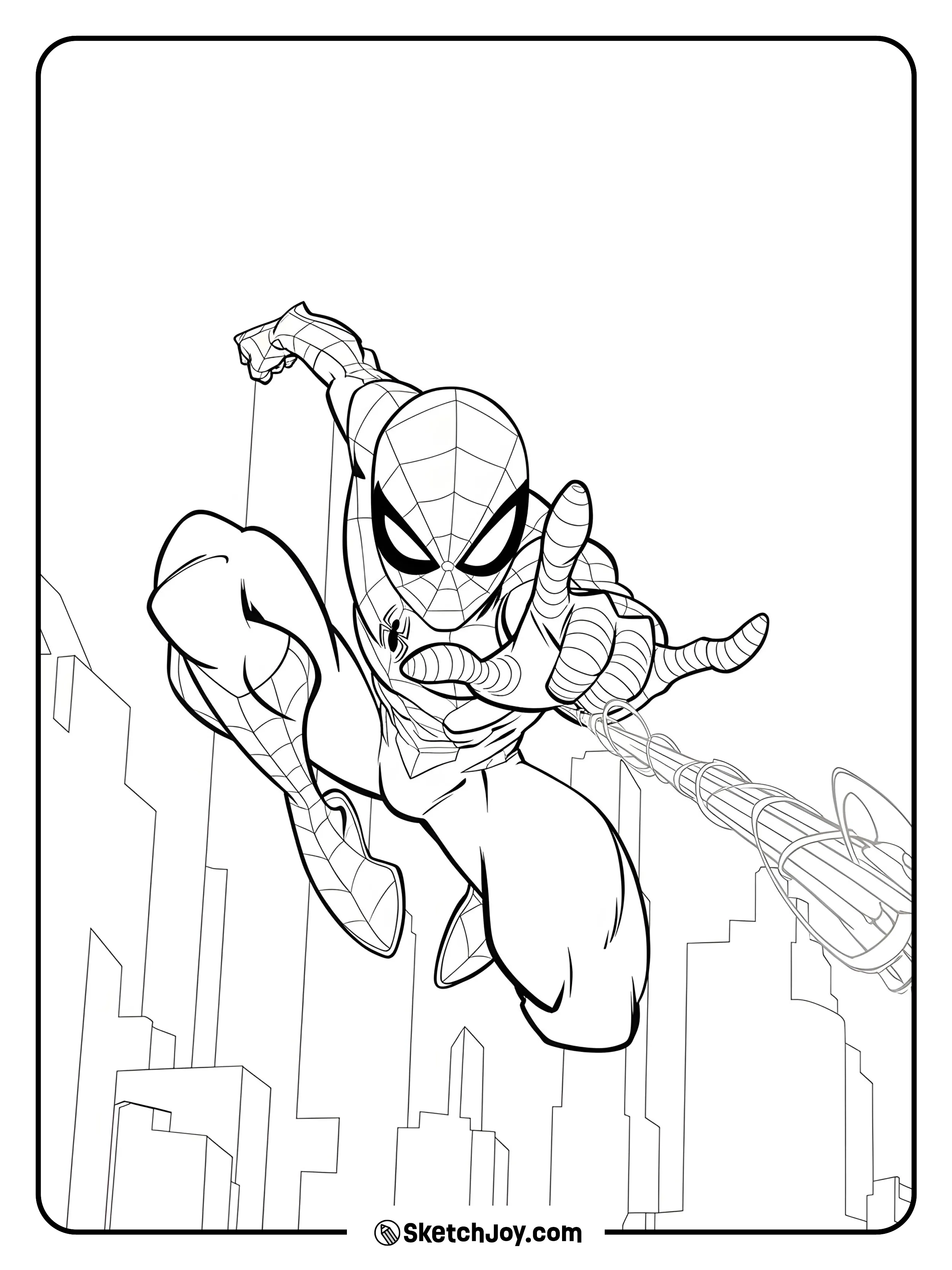 Spider-Man launching forward on his web through a city skyline