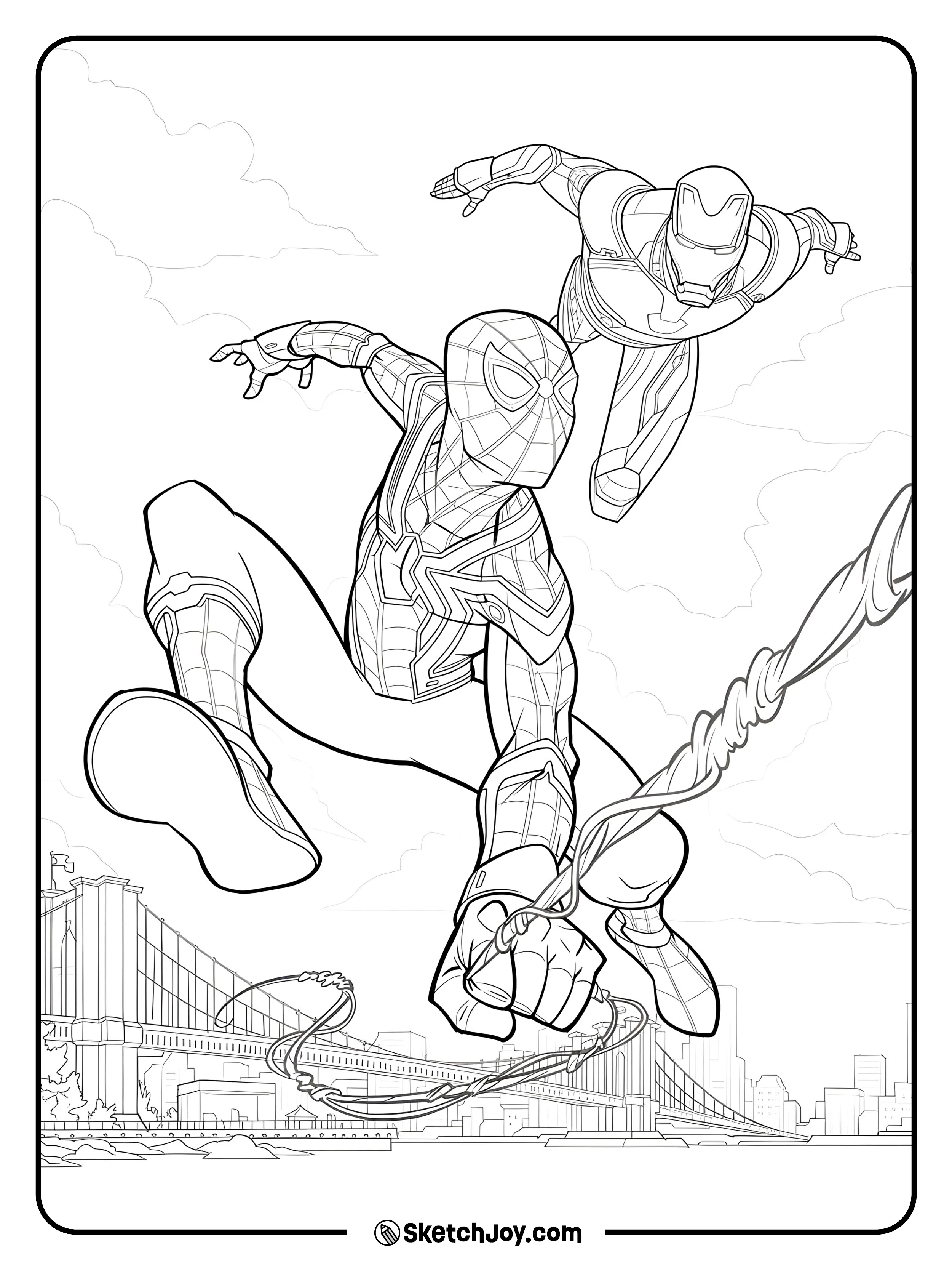 A powerful superhero duo scene with Spider-Man swinging through the city while Iron Man flies behind him.
