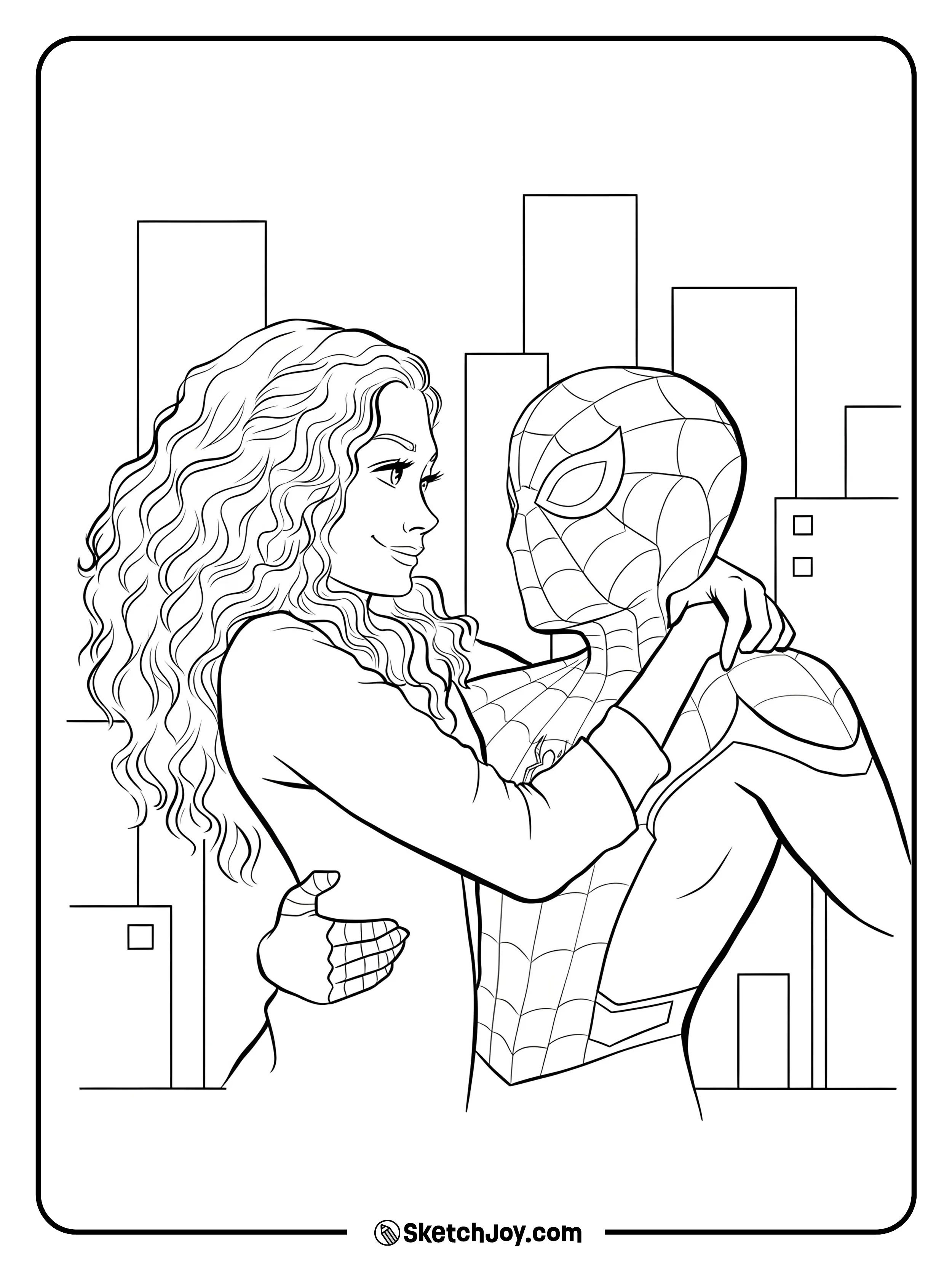 A sweet, quiet moment where Spider-Man and MJ embrace on a rooftop