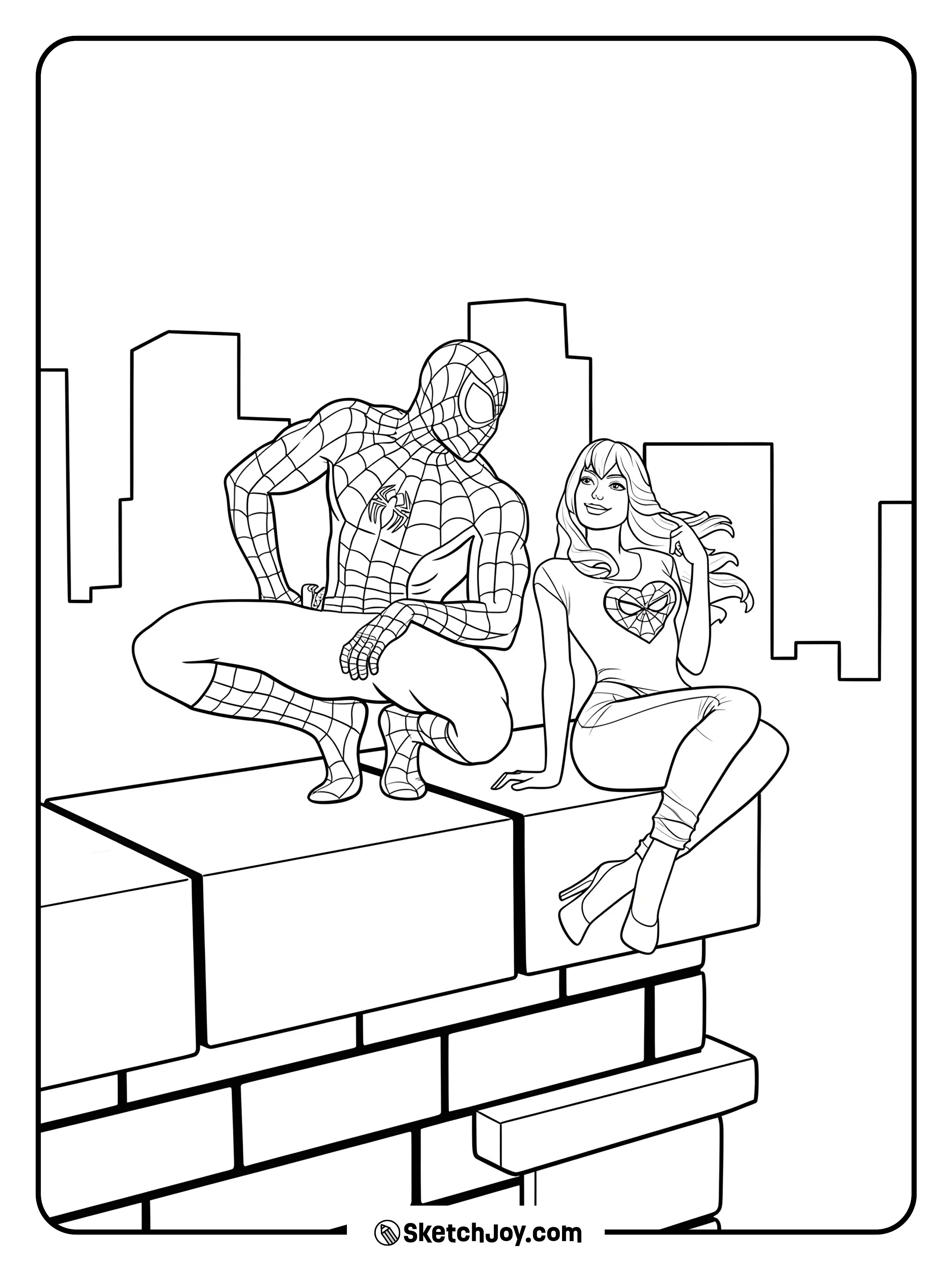 Spider-Man and MJ sitting together on a rooftop ledge