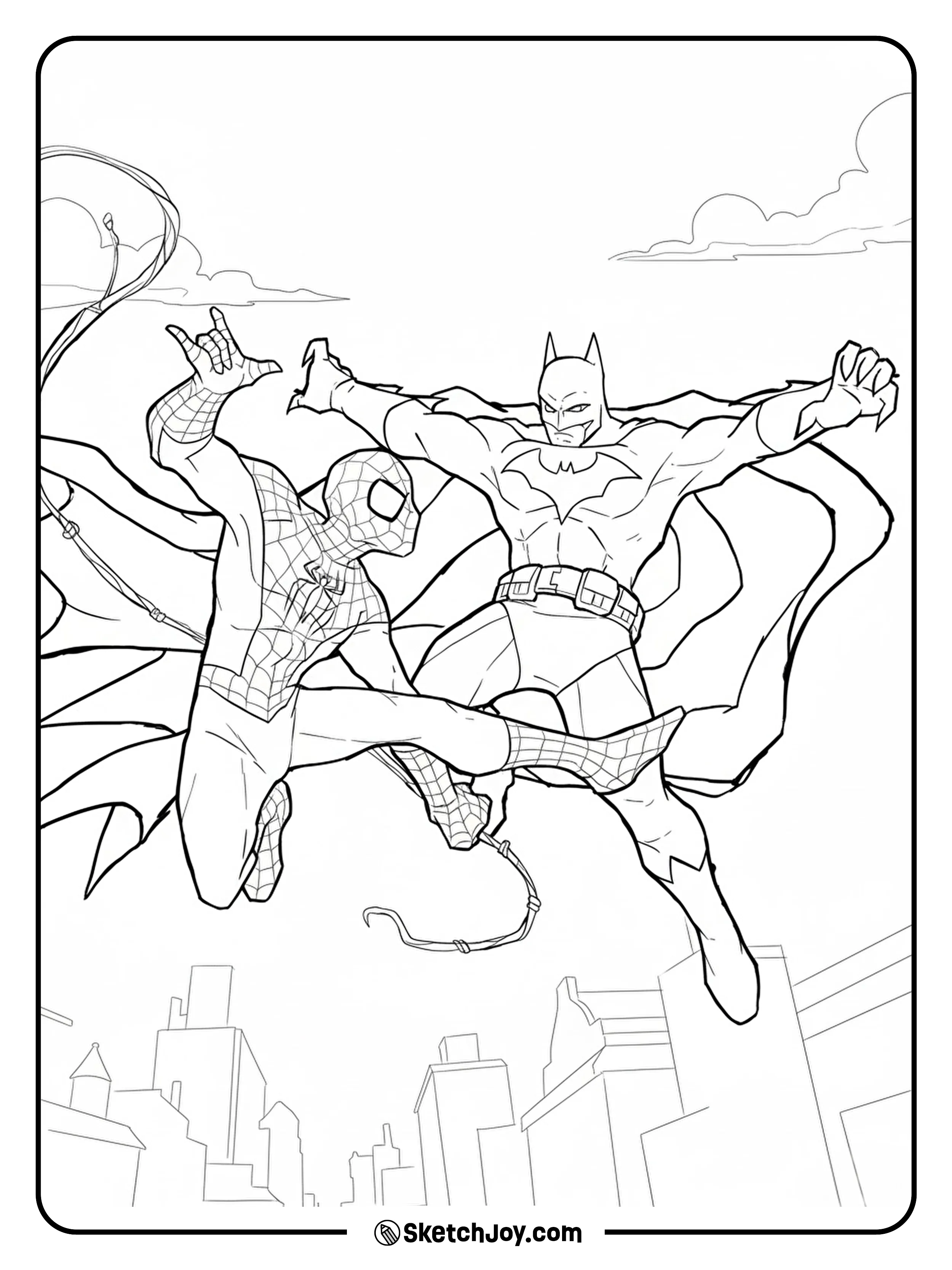 Spider-Man and Batman leap toward each other in a dramatic city sky battle.