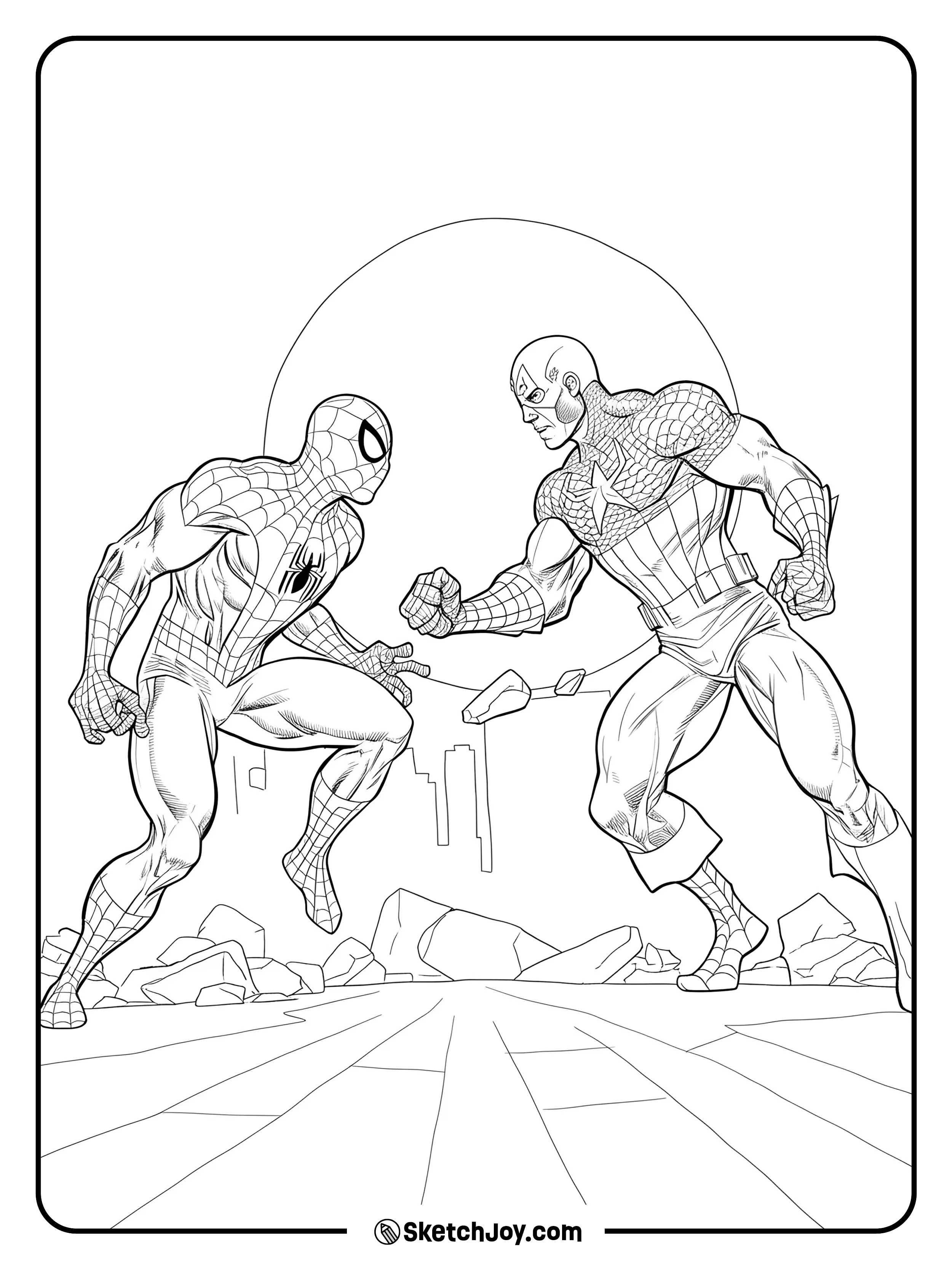 Spider-Man and Captain America face each other with clenched fists in a battle-ready stance.