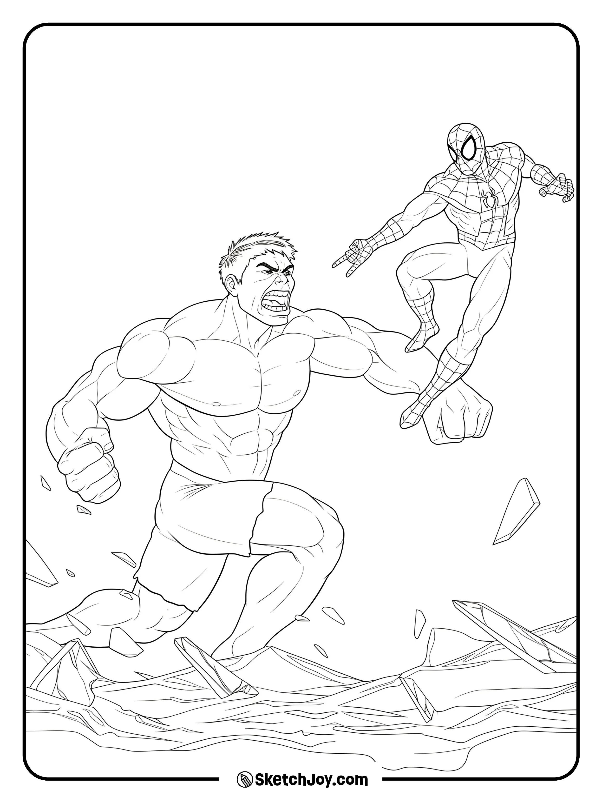 An exciting action scene where Spider-Man jumps into the air while the Hulk smashes the ground below.