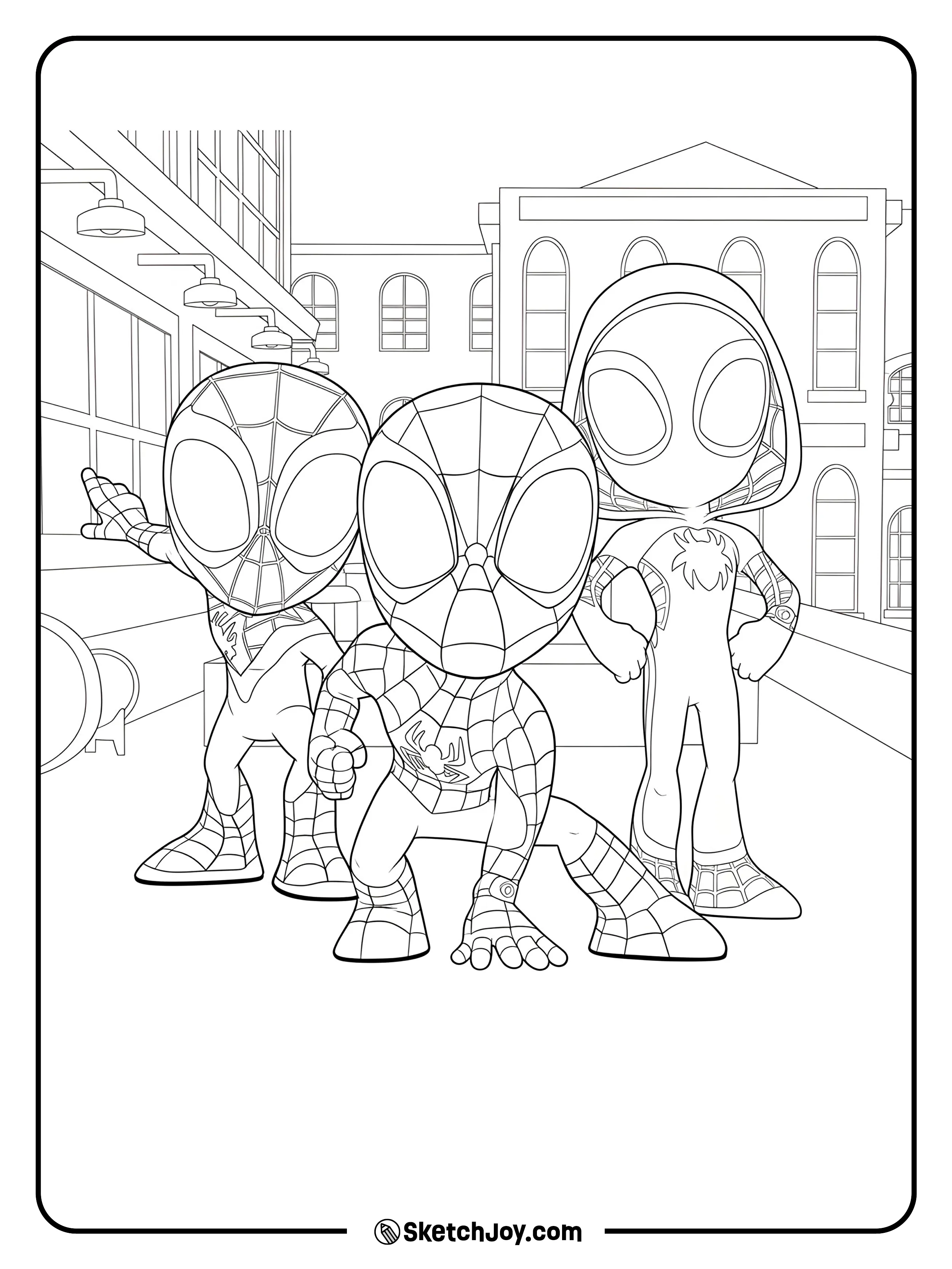Three chibi-style Spider-Verse heroes, Peter Parker, Miles Morales, and Spider-Gwen