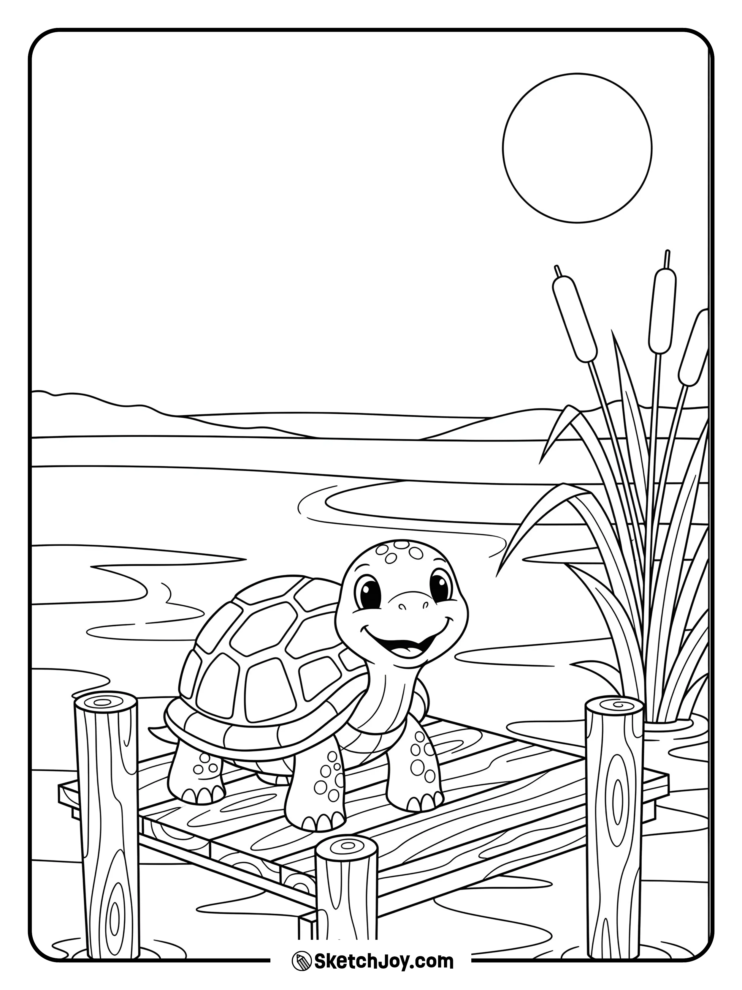 A pond turtle basks on a small wooden pier in the sun.