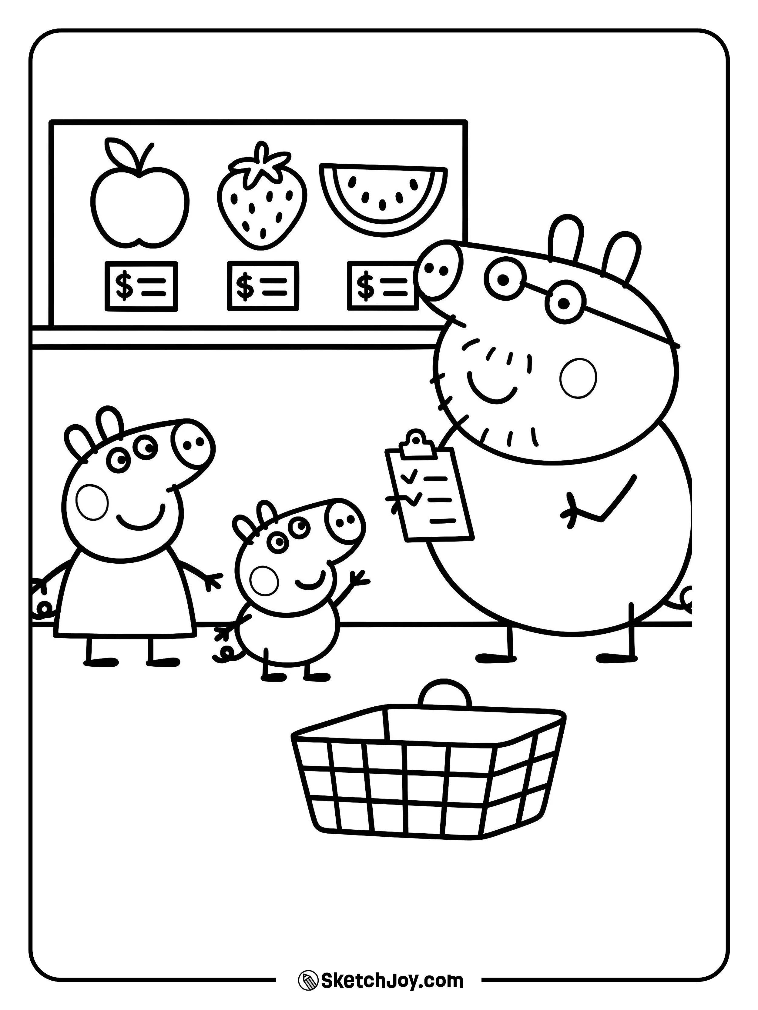 Peppa and George choose apples and bananas while Daddy Pig checks a list.