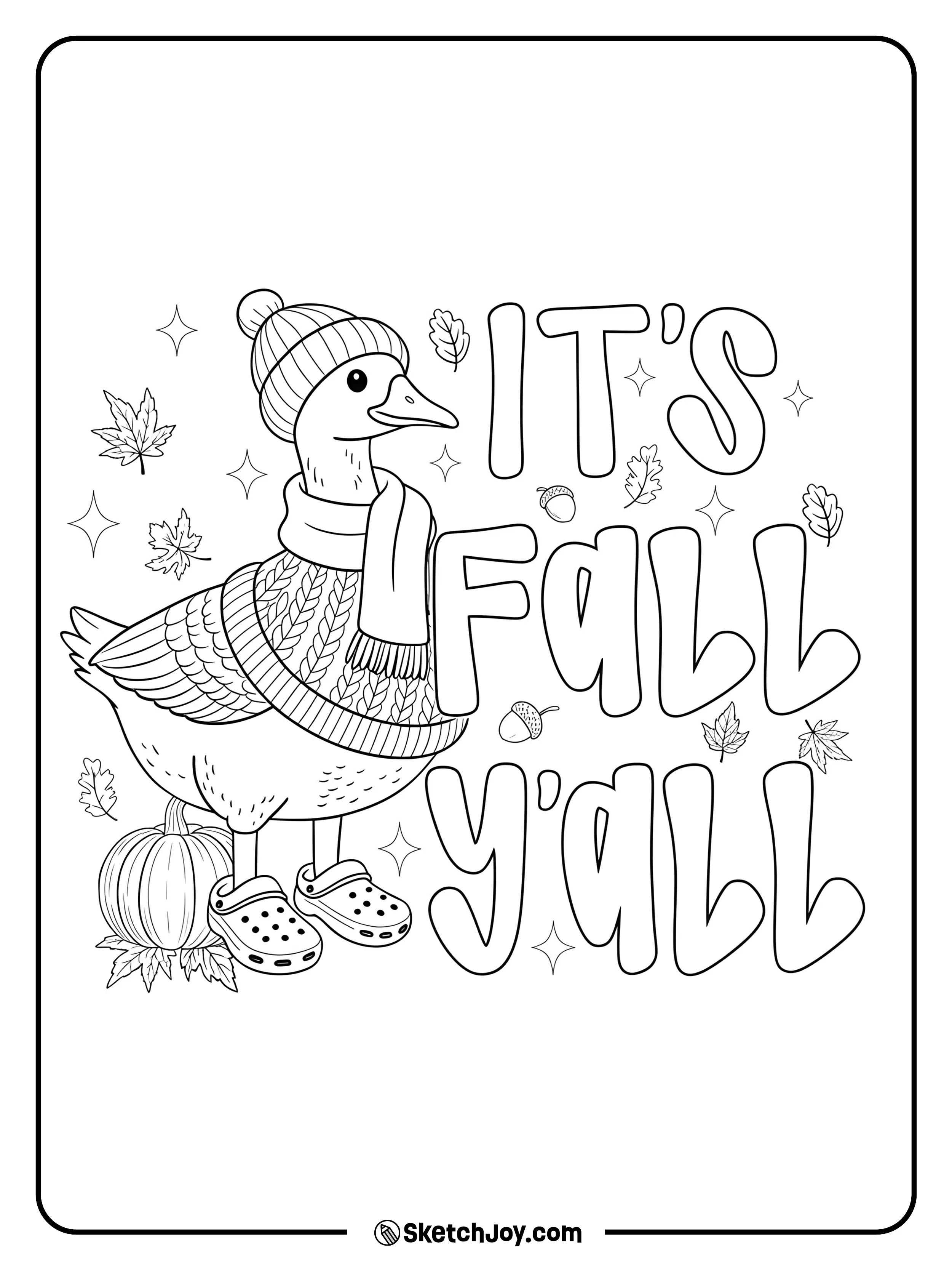 A cozy goose in knitwear poses beside a pumpkin with a bubbly fall greeting.