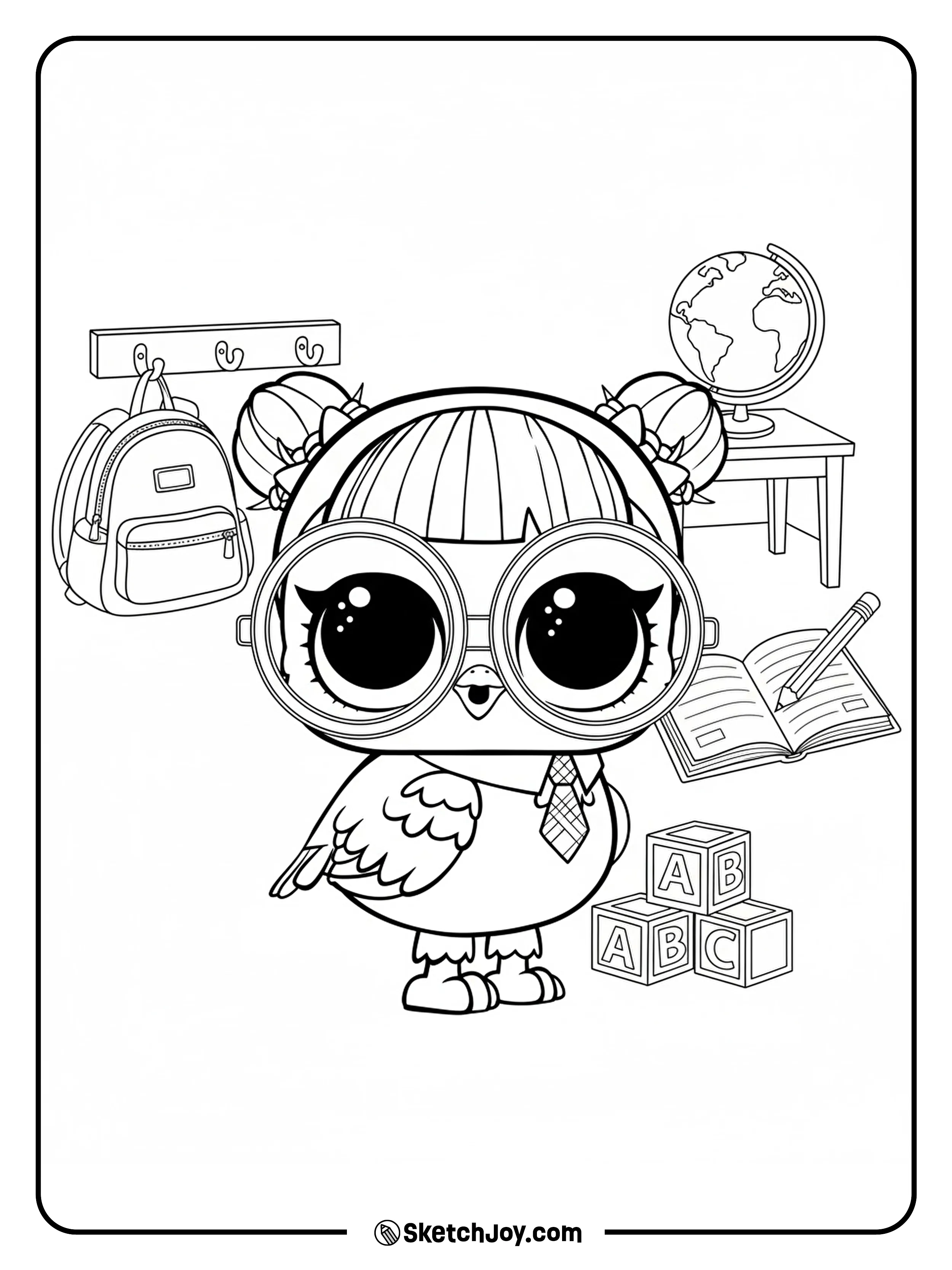 Teacher’s Pet’s companion owl stands in big round glasses and a tiny tie