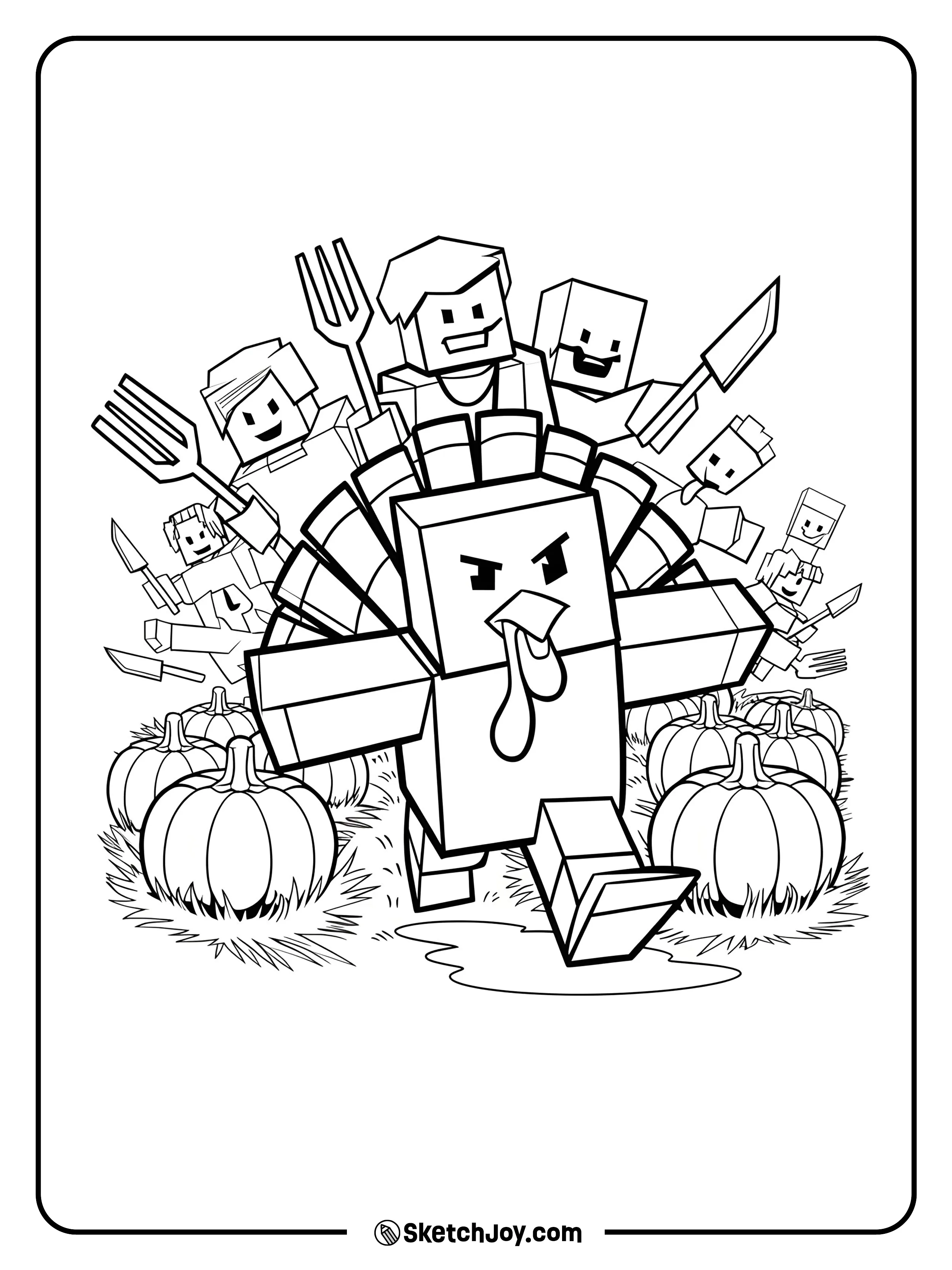 A blocky turkey sprints through a pumpkin patch while playful Roblox villagers join the festive