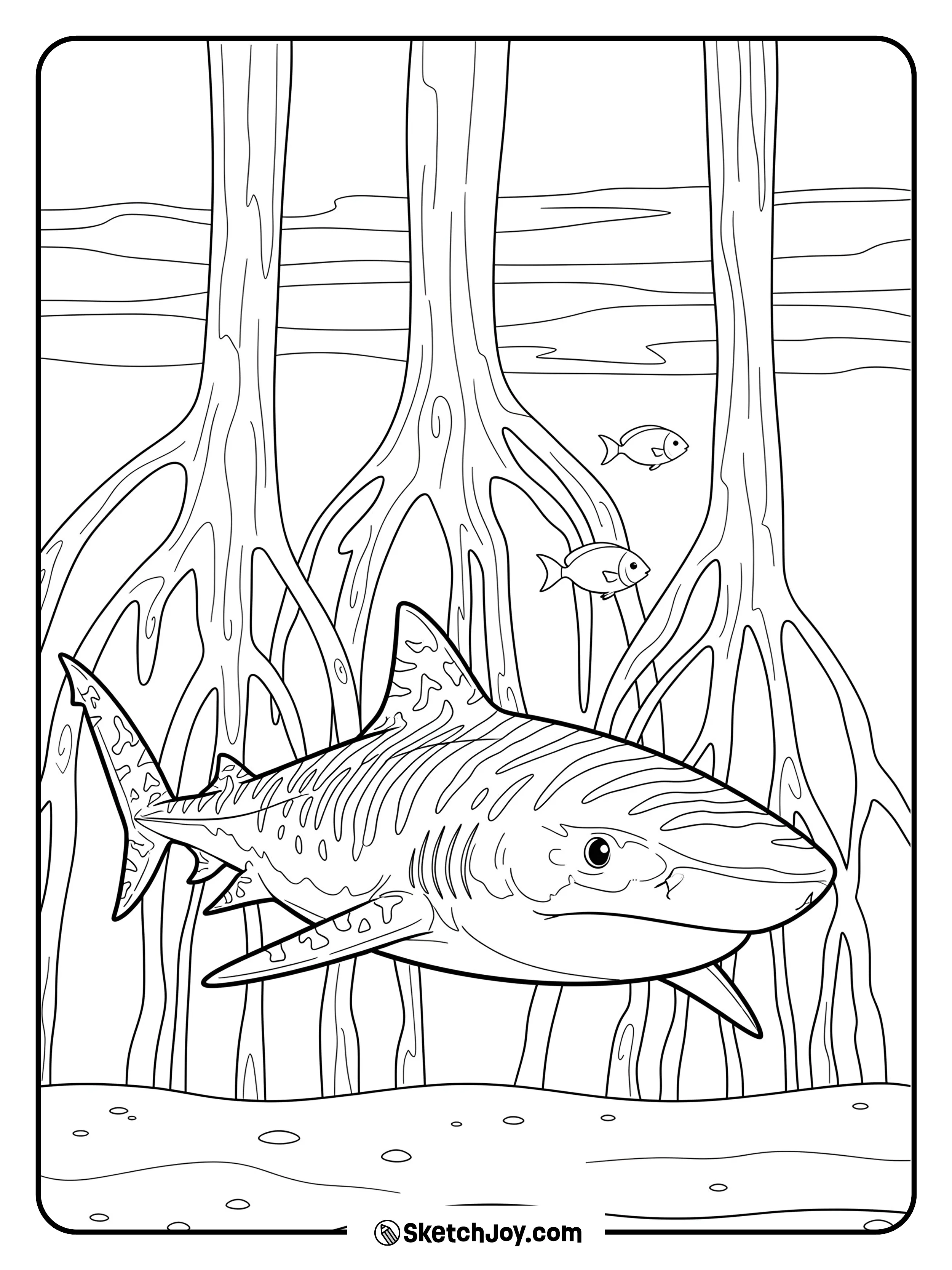 A curious tiger shark weaves between mangrove roots.