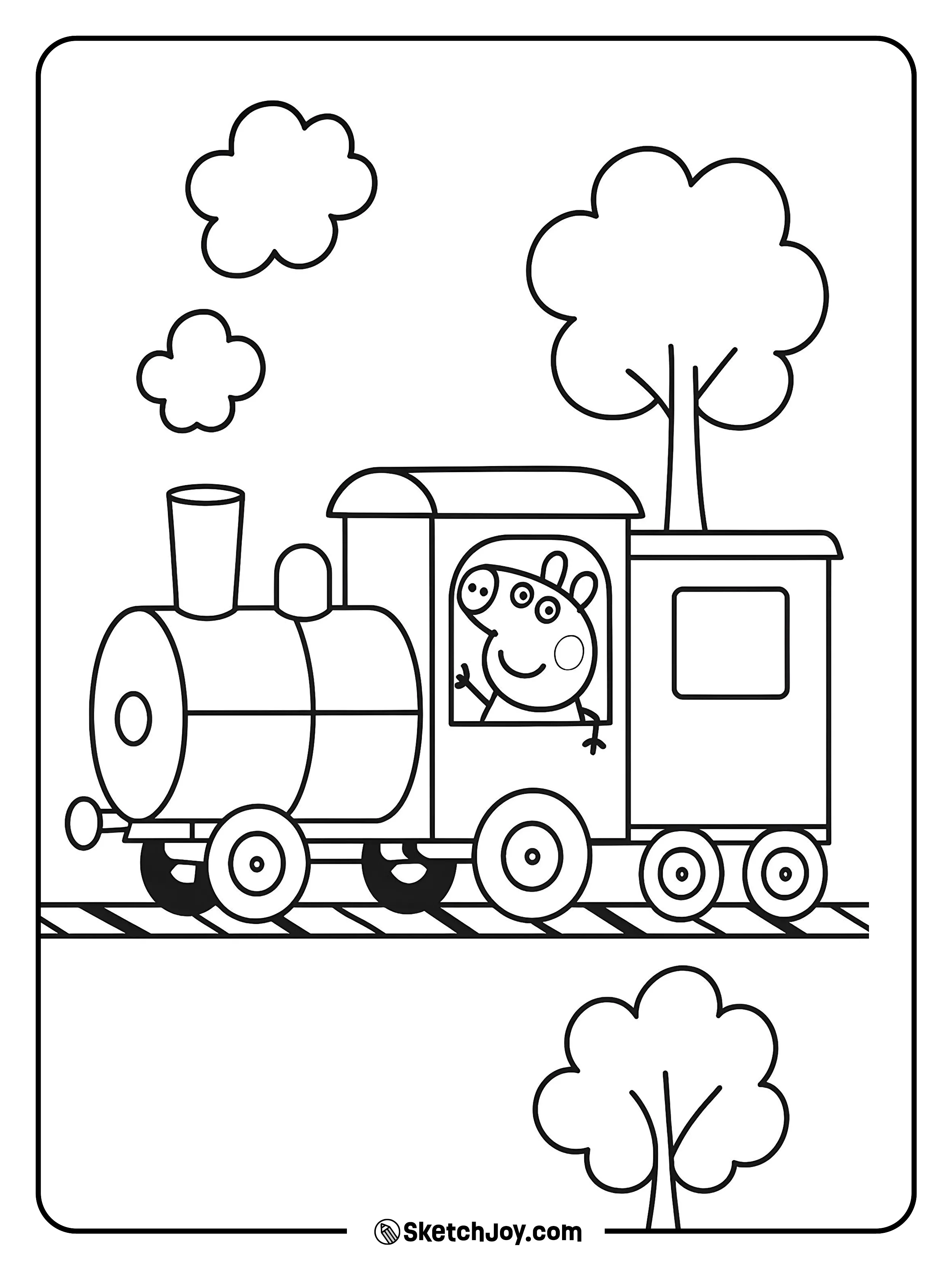 Peppa peeks from a carriage window as the engine puffs steam.