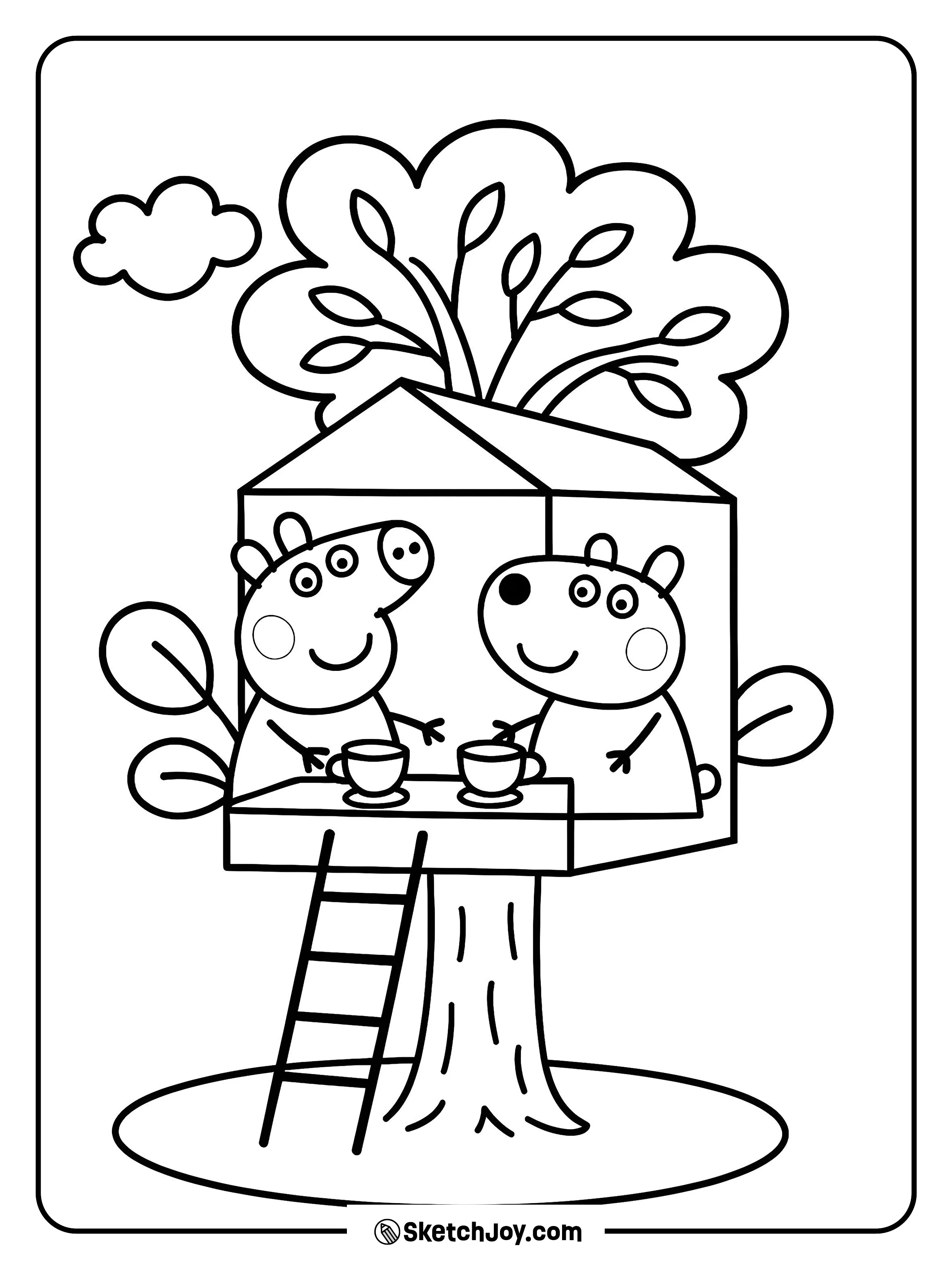 Peppa and Suzy sip pretend tea in a cozy treehouse.