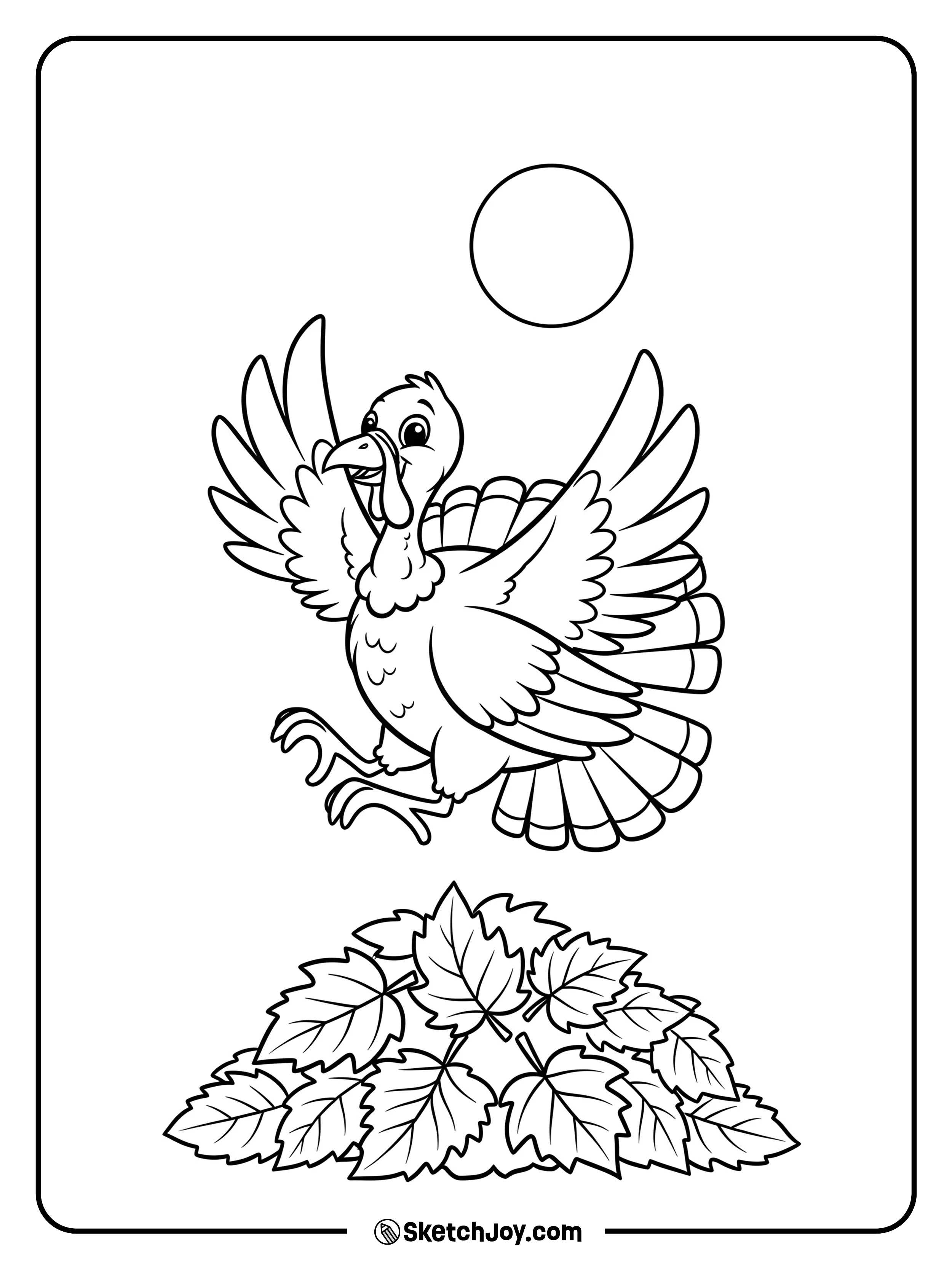 A playful turkey leaping into leaves.