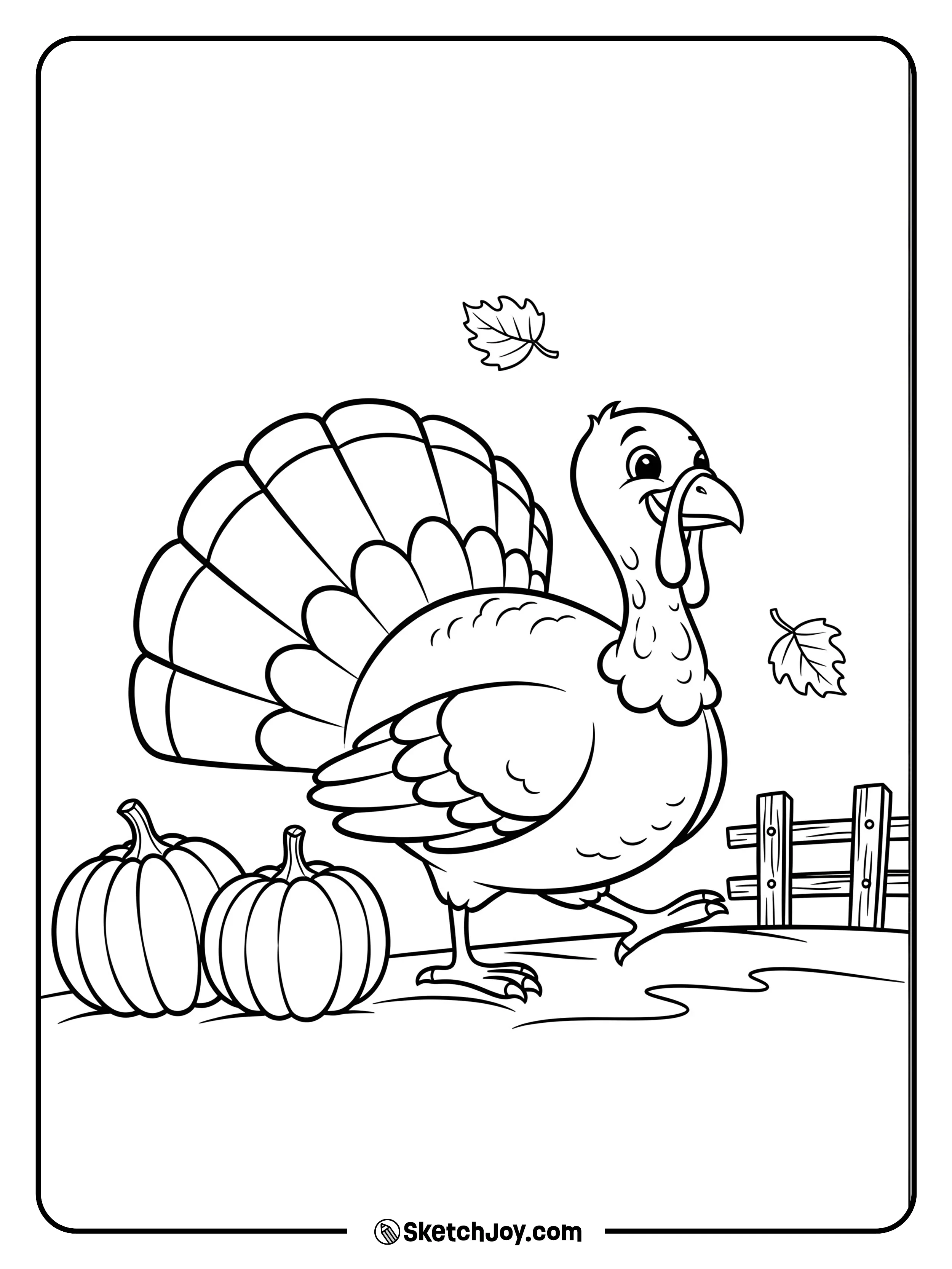 A cheerful turkey wanders through a small patch of pumpkins.