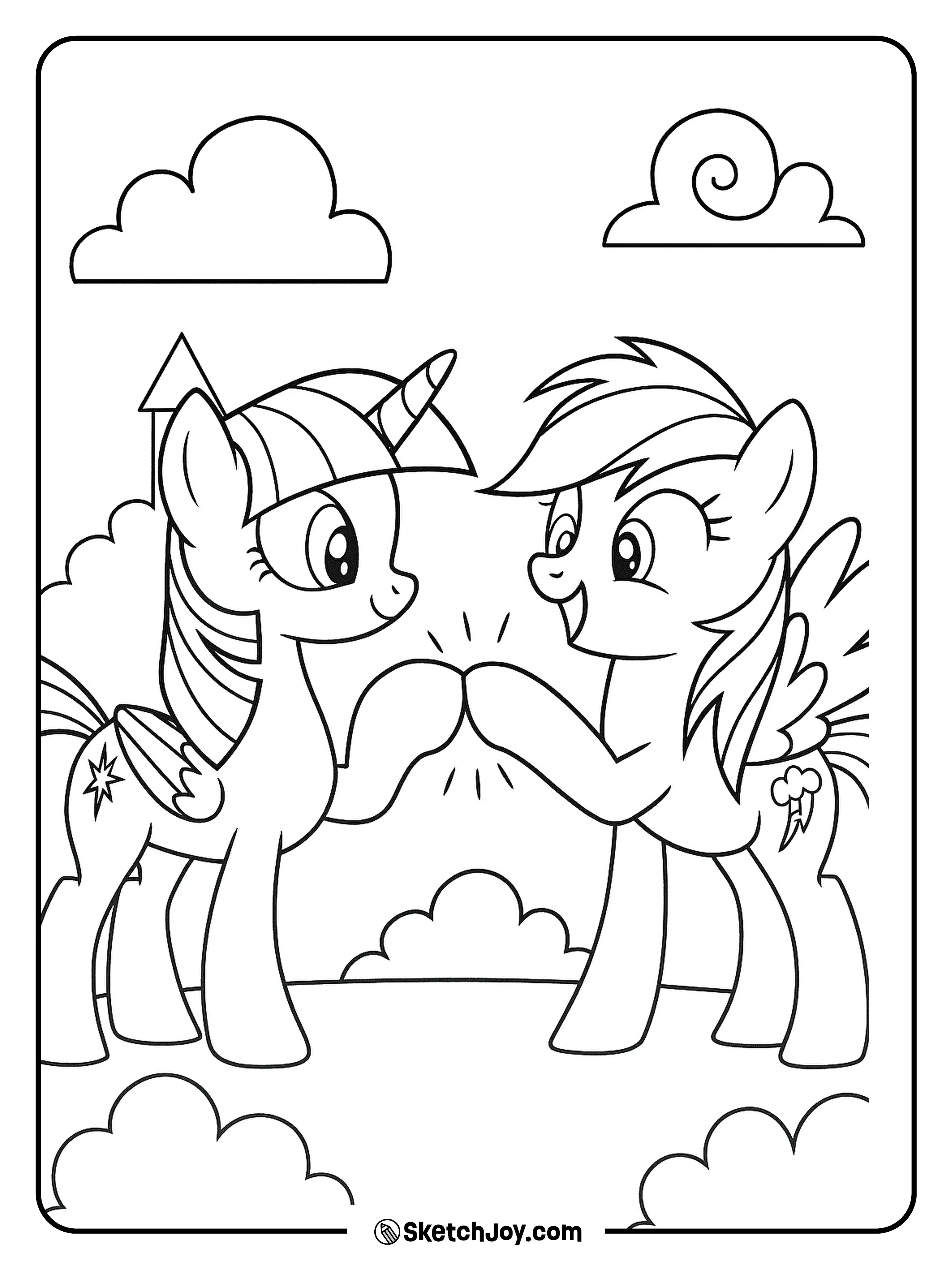 Twilight Sparkle and Rainbow Dash touch hooves.