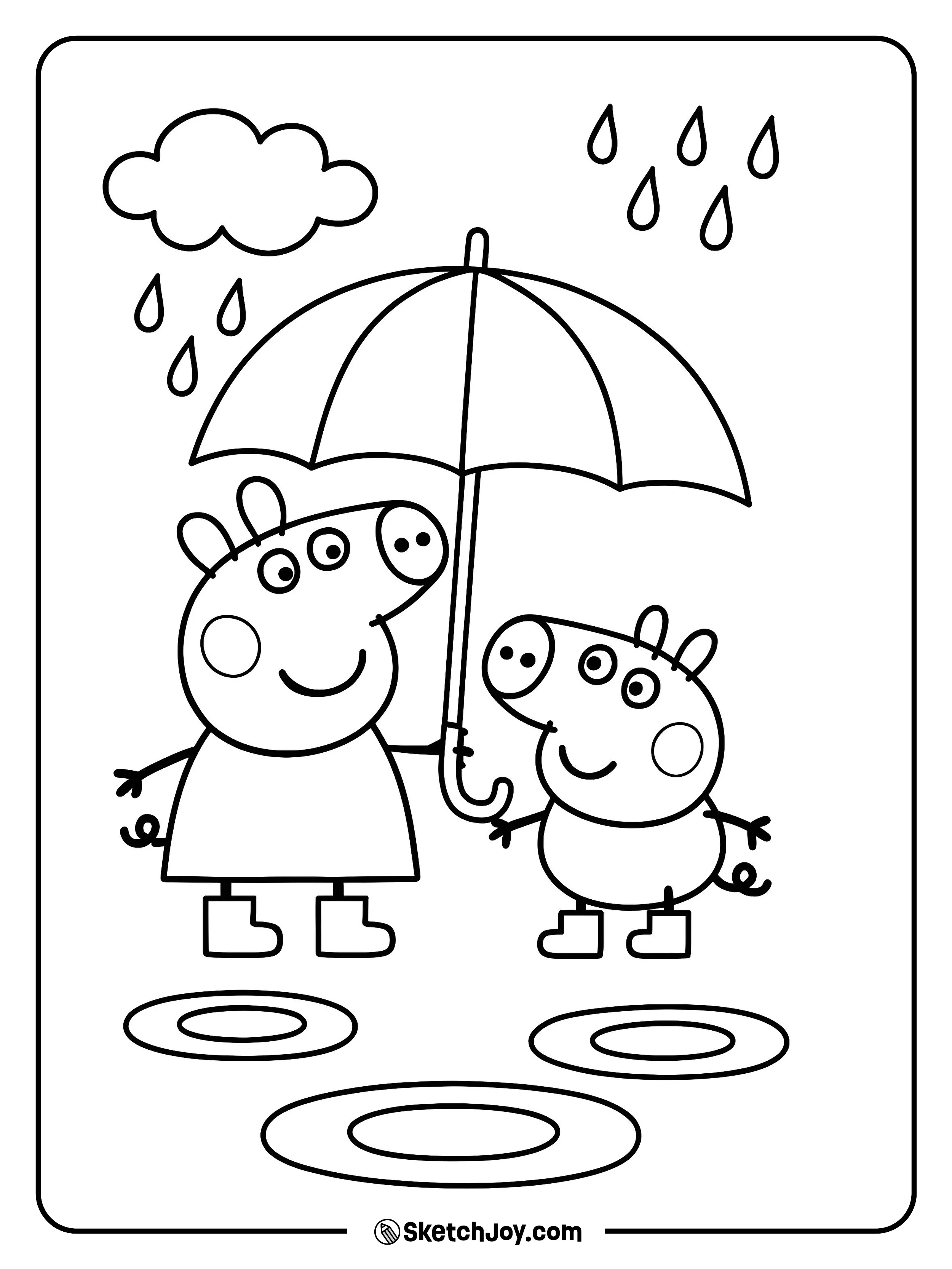 Peppa and George share a big umbrella as puddles ripple.