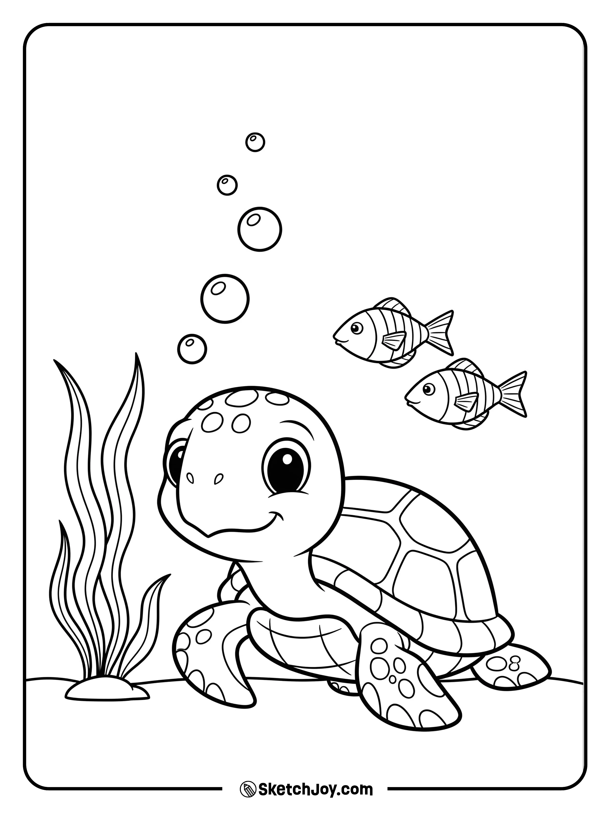 A small turtle swims with two simple fish friends.