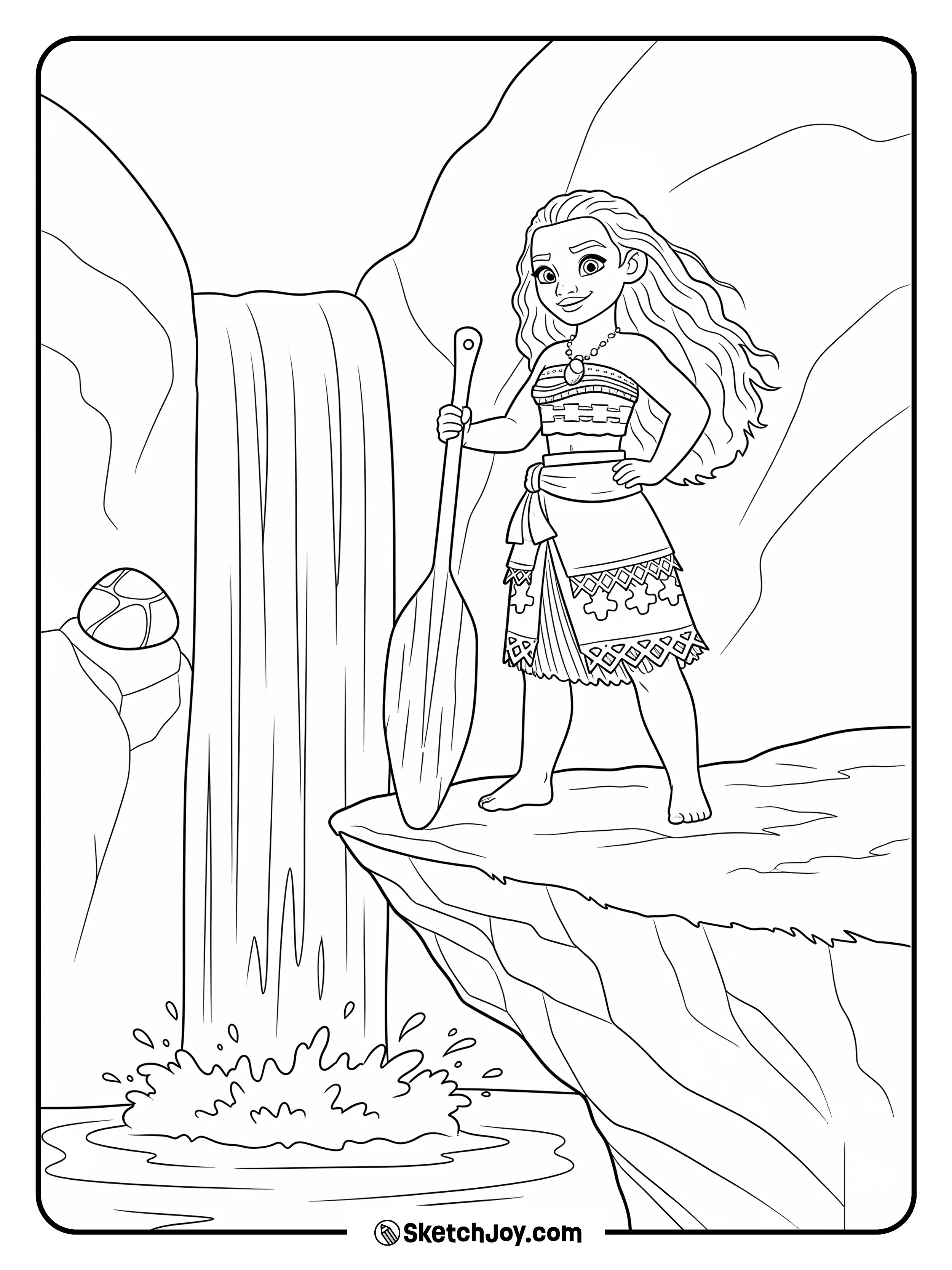 Moana pauses by a gentle waterfall.