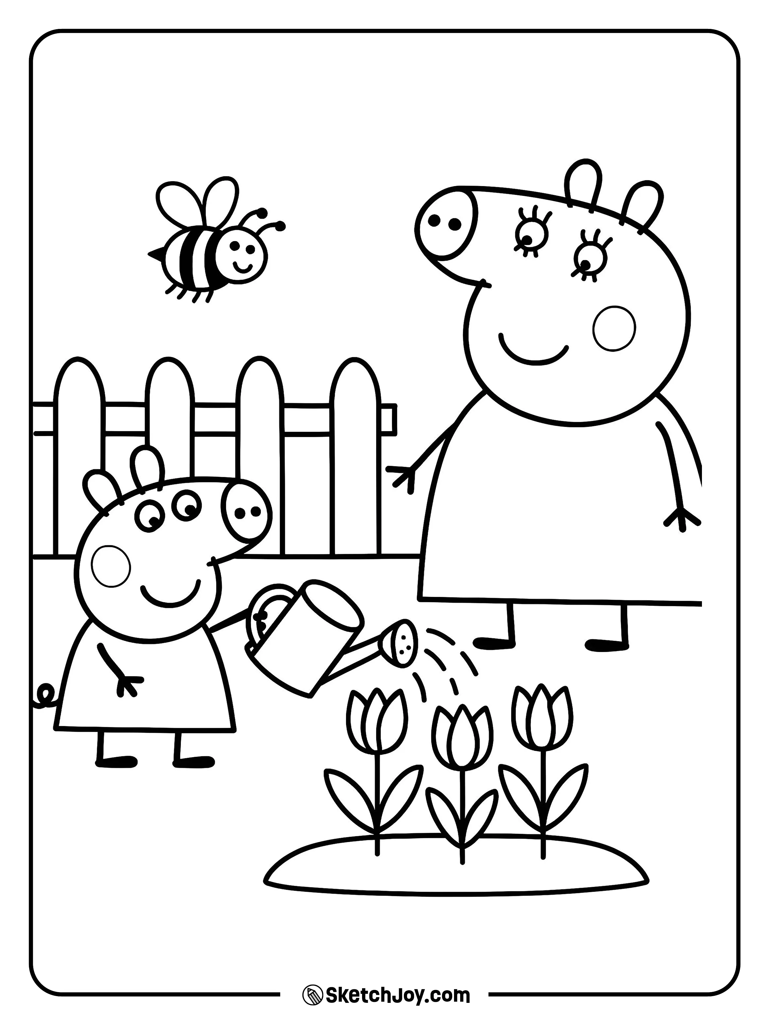 Peppa waters a row of tulips while Mummy Pig smiles nearby.