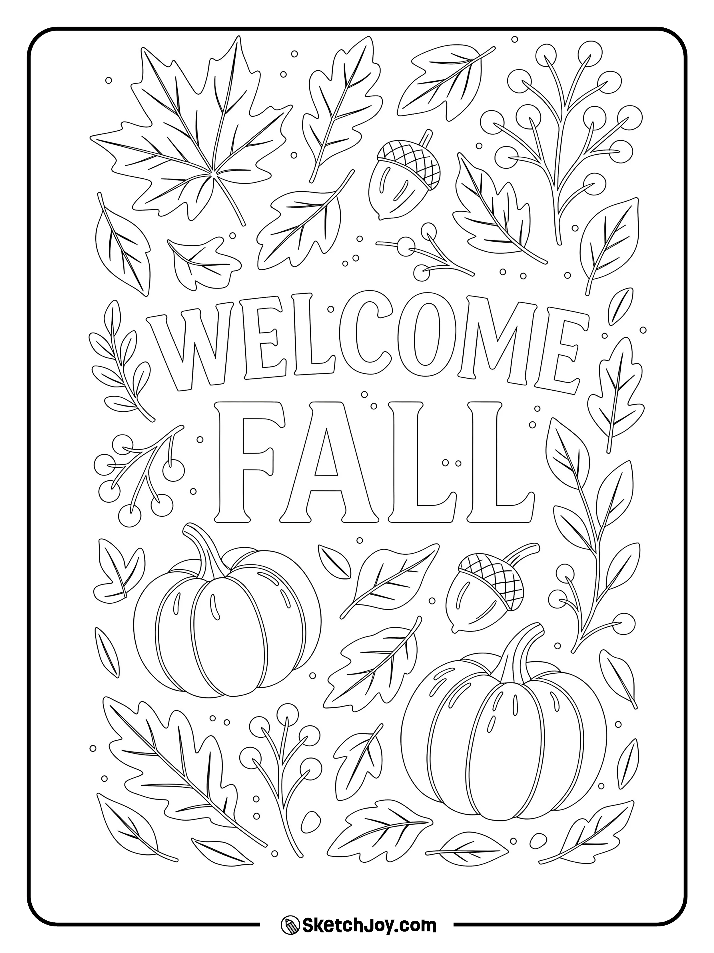 Big cheerful lettering surrounded by simple leaves, acorns, berries, and two pumpkins.