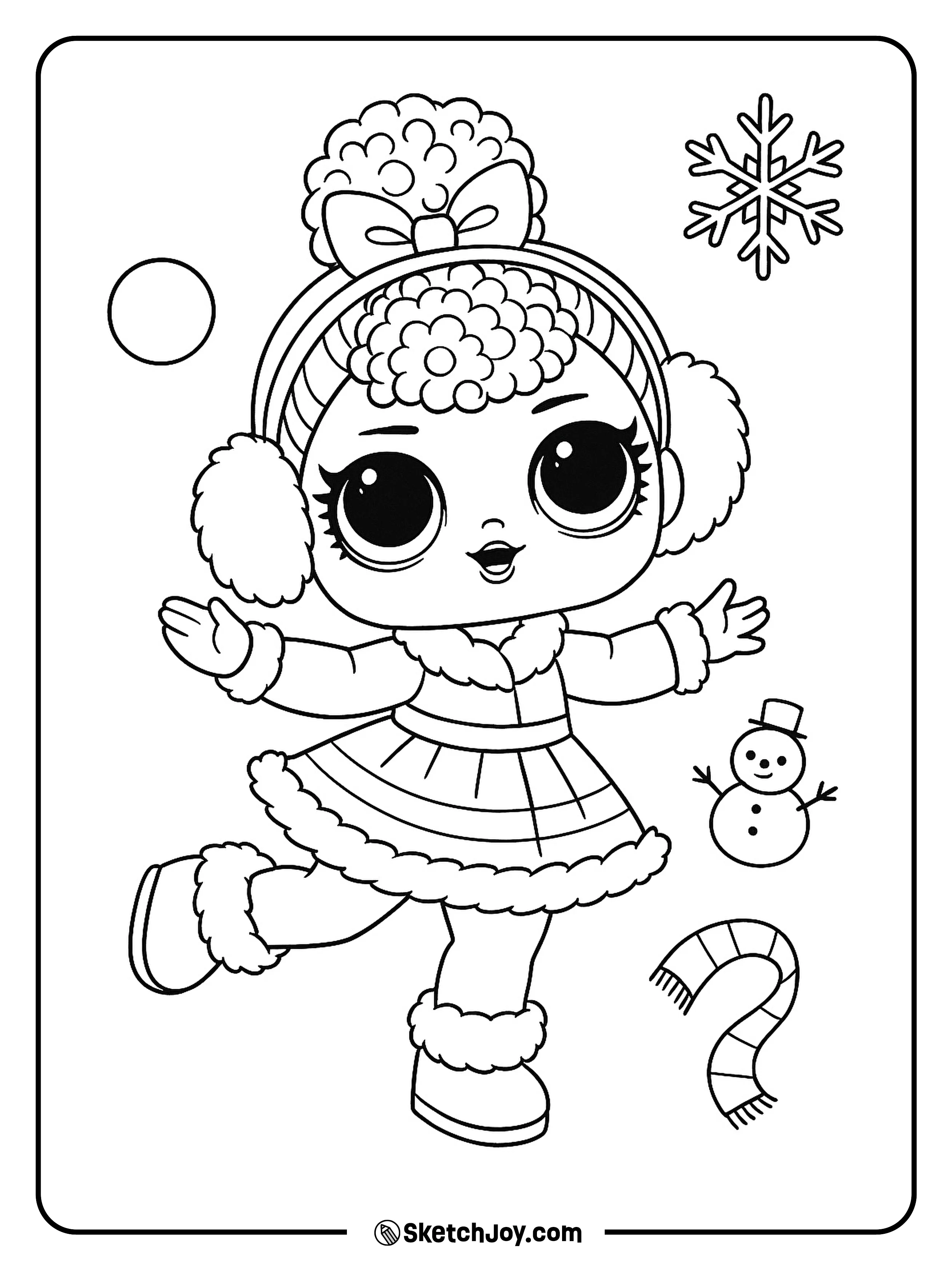 Queen Bee in cozy earmuffs tosses a snowball.