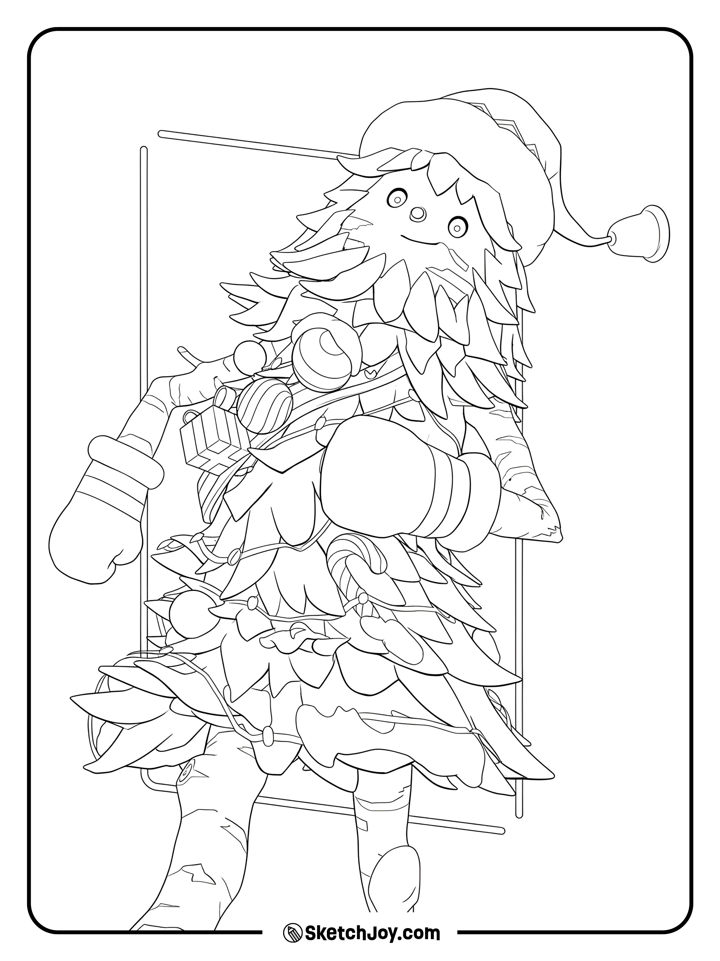 The Fortnite Christmas tree friend steps forward with mittens and holiday trimmings on a snowy night.
