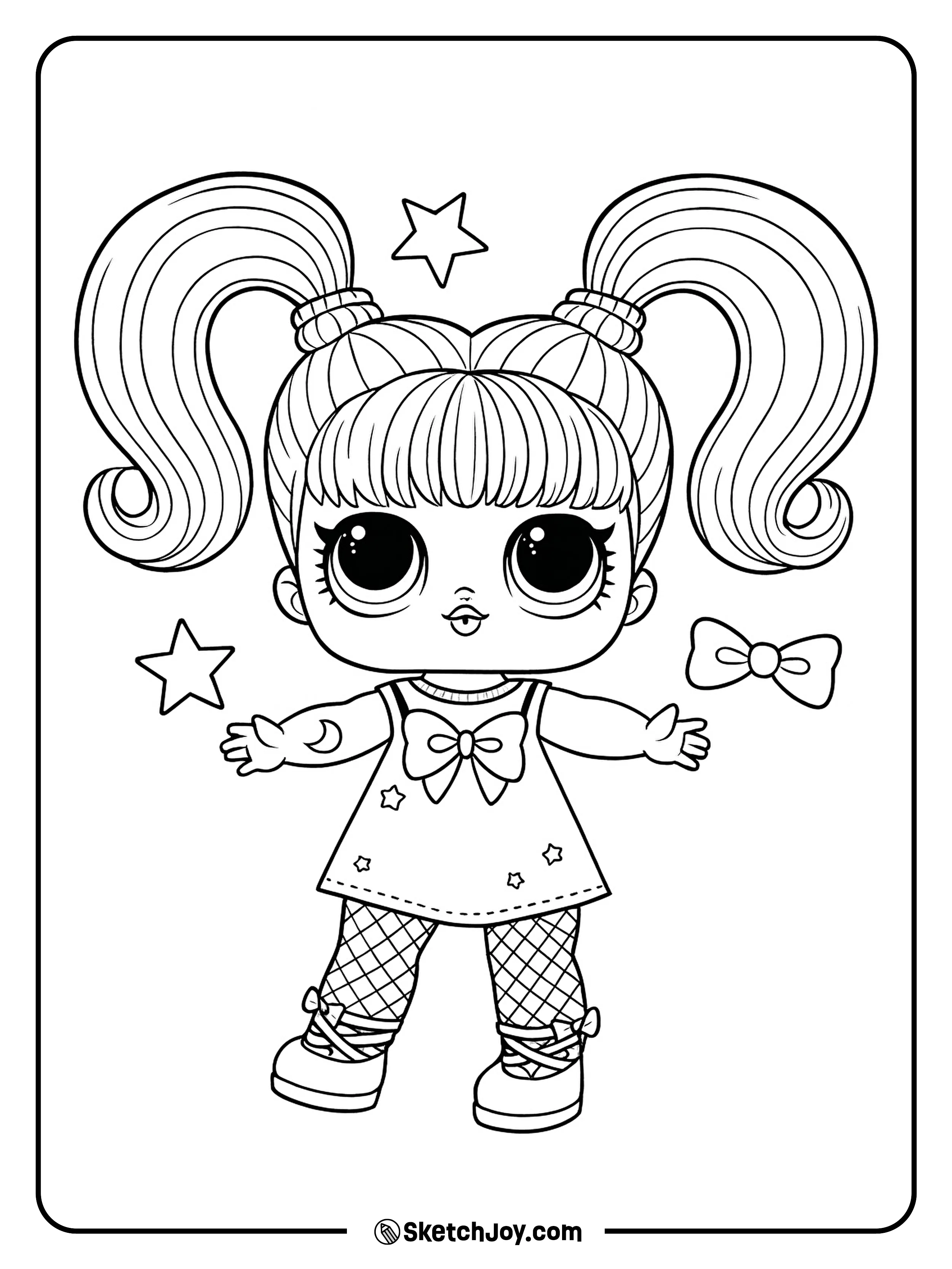 YNG Q.T. smiles with high pigtails and a big bow on her dress