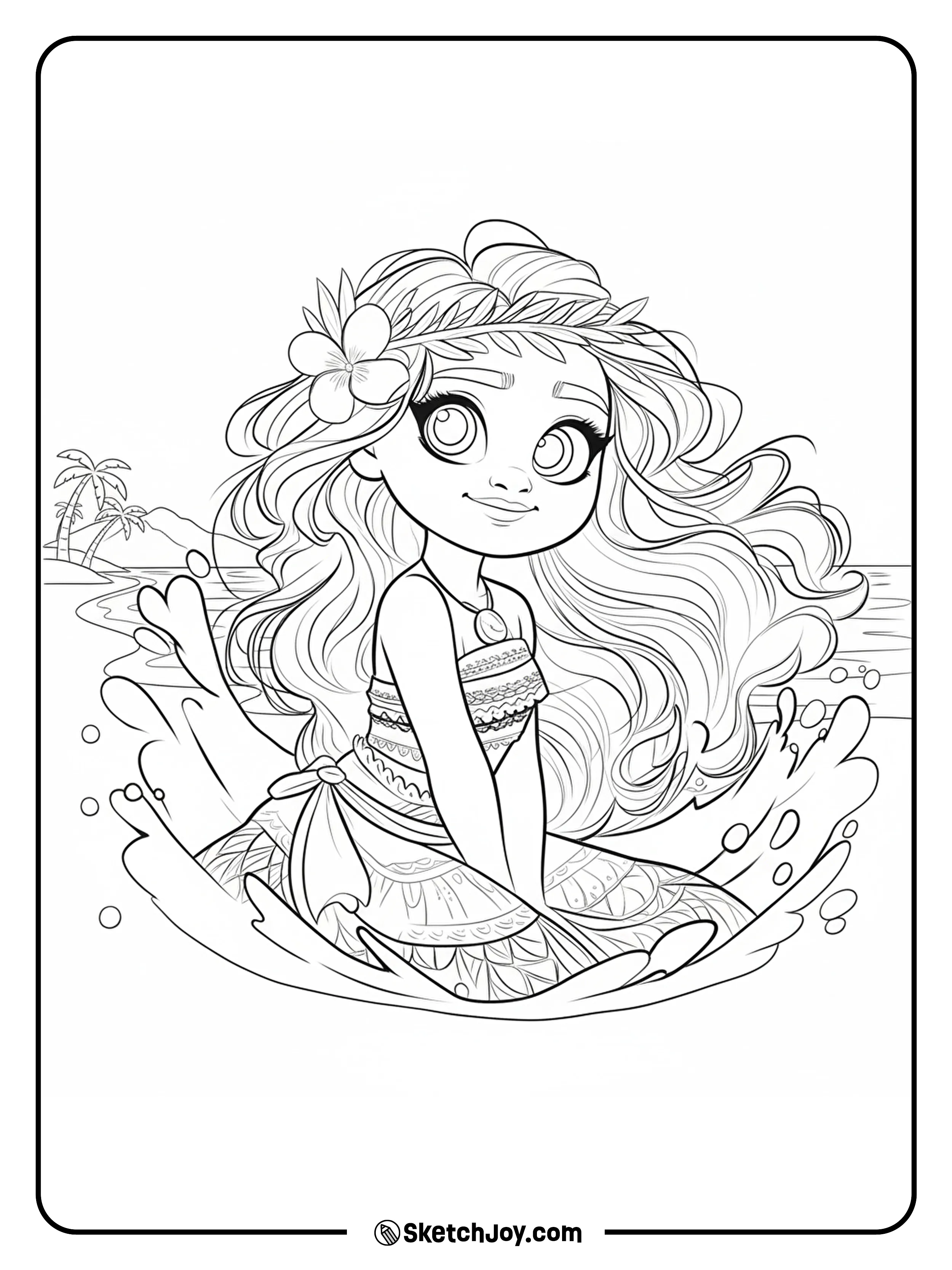 A cute, big-eyed Moana with a flower headband sits at the shoreline