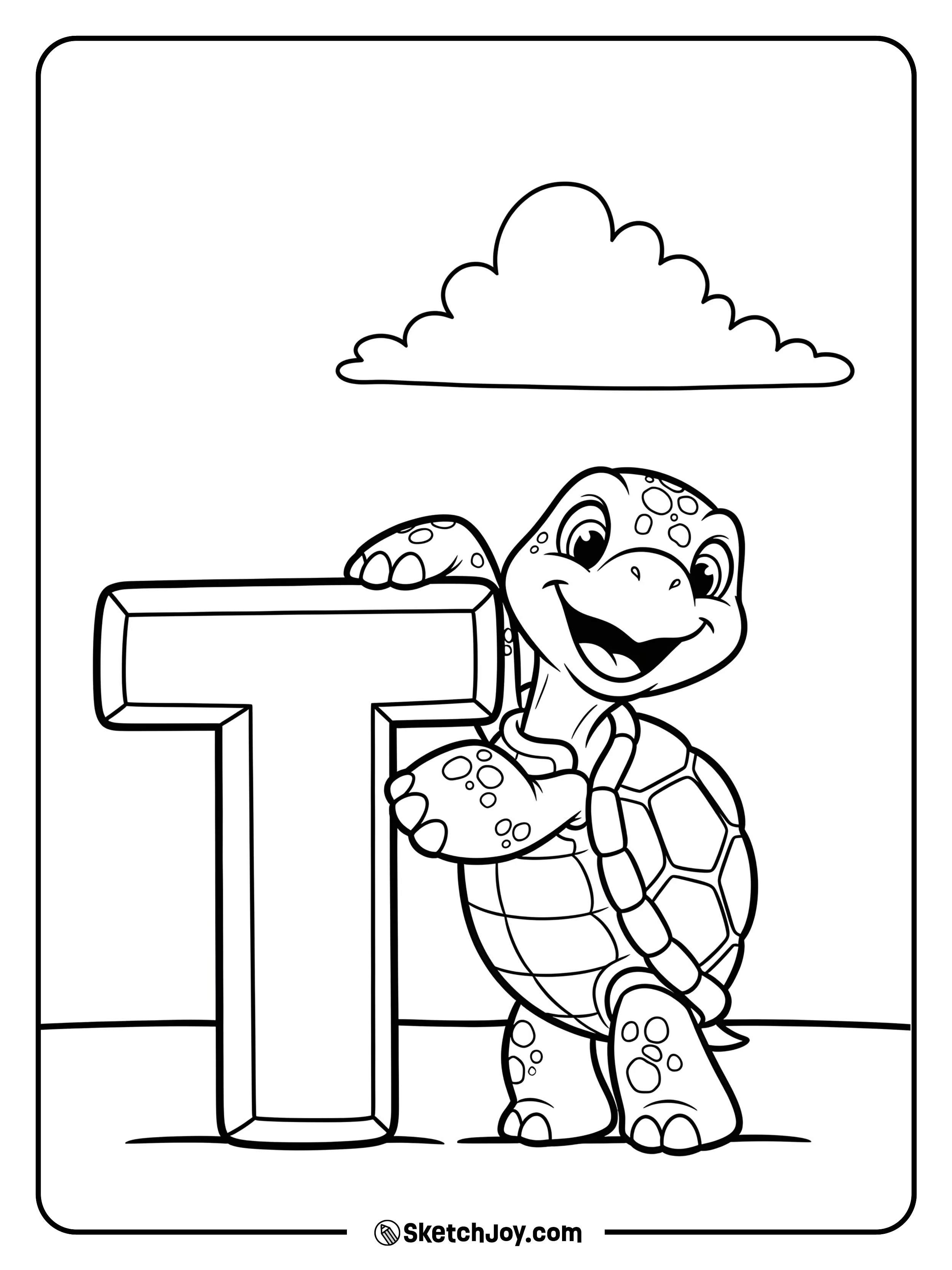 A big letter T stands while a happy turtle leans on it.