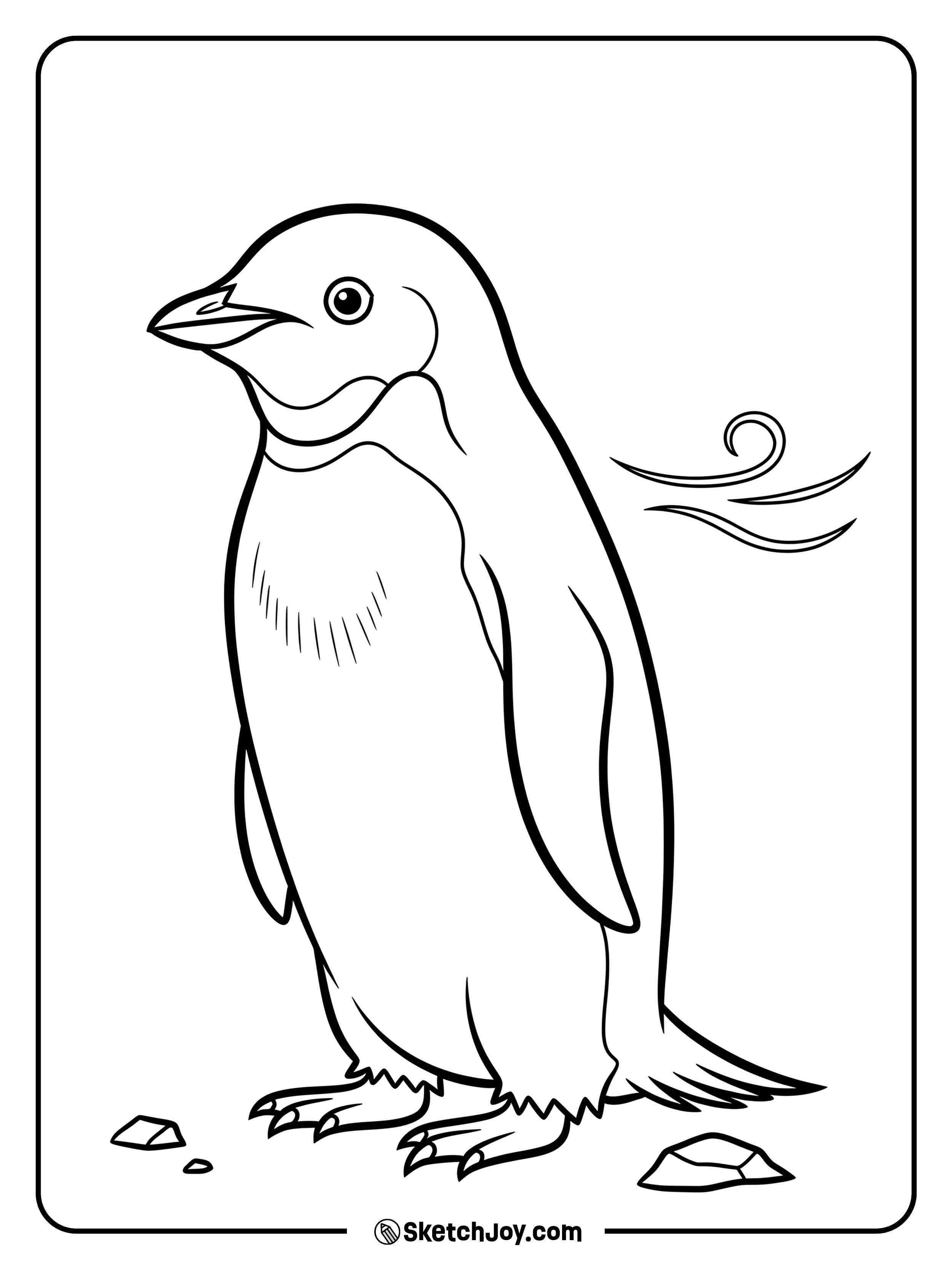 An adelie penguin stands on a ridge with a light wind.