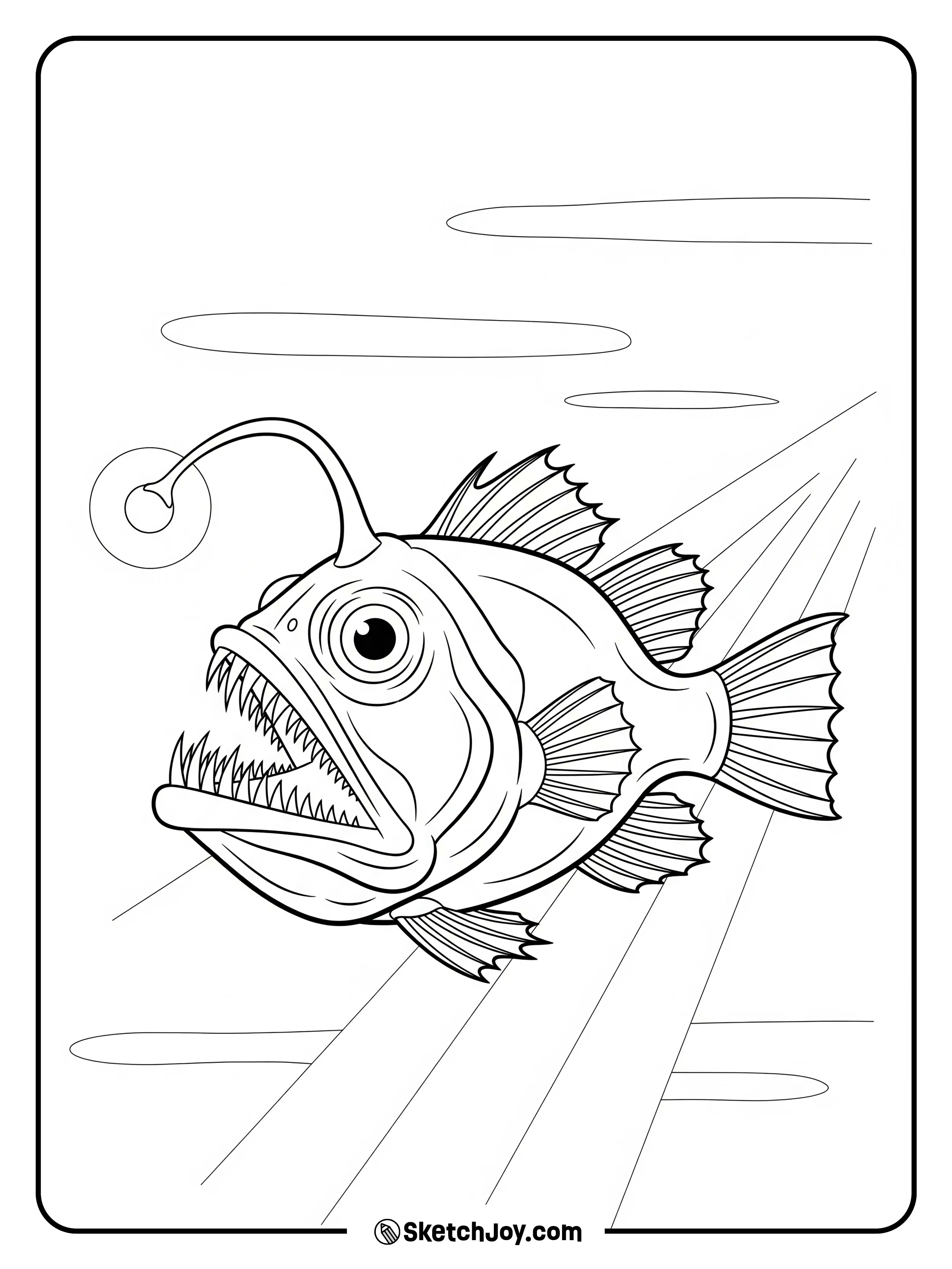 A deep-sea anglerfish floats in the dark.