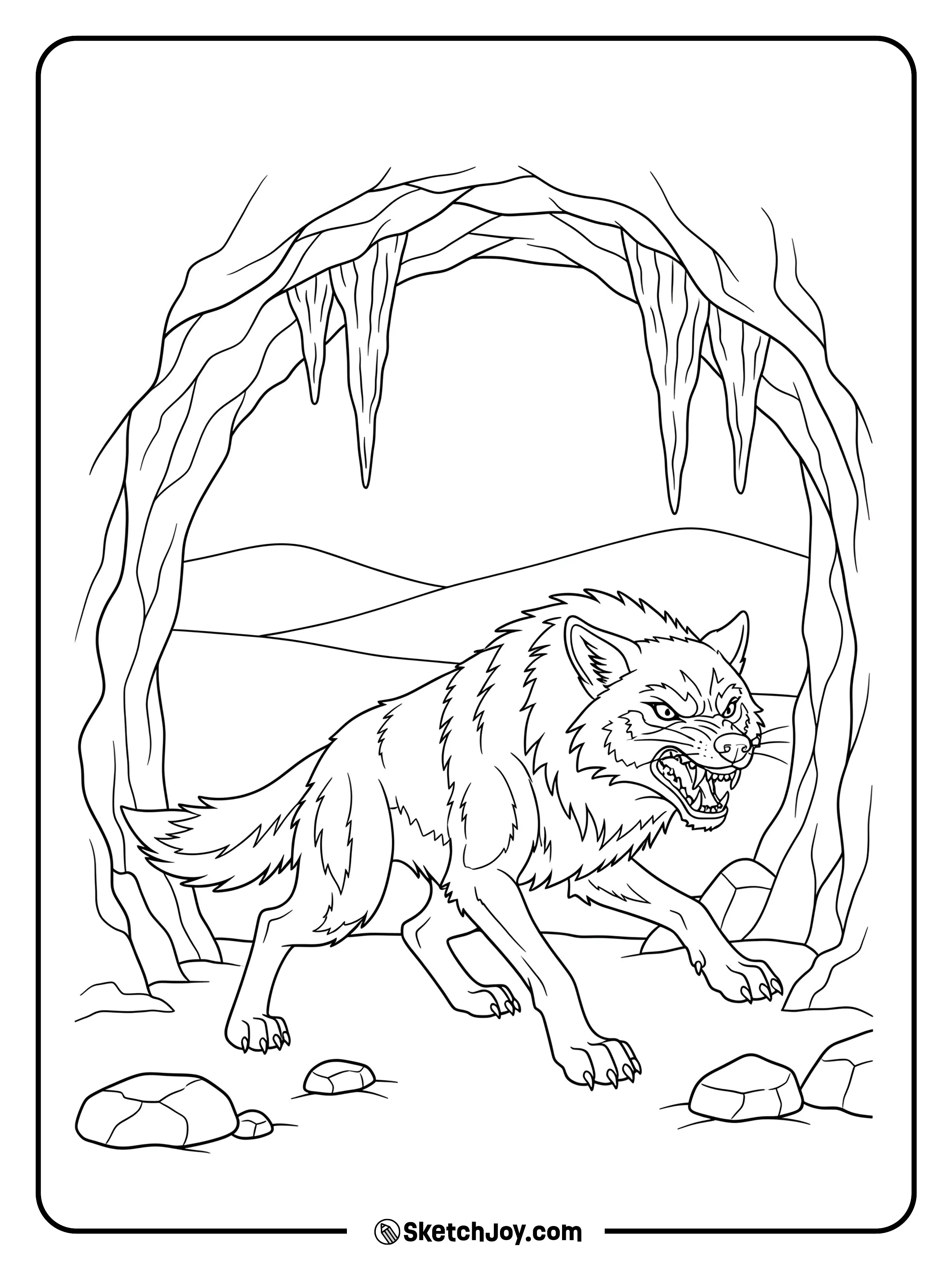 A protective wolf stands before a cave entrance with lips curled.