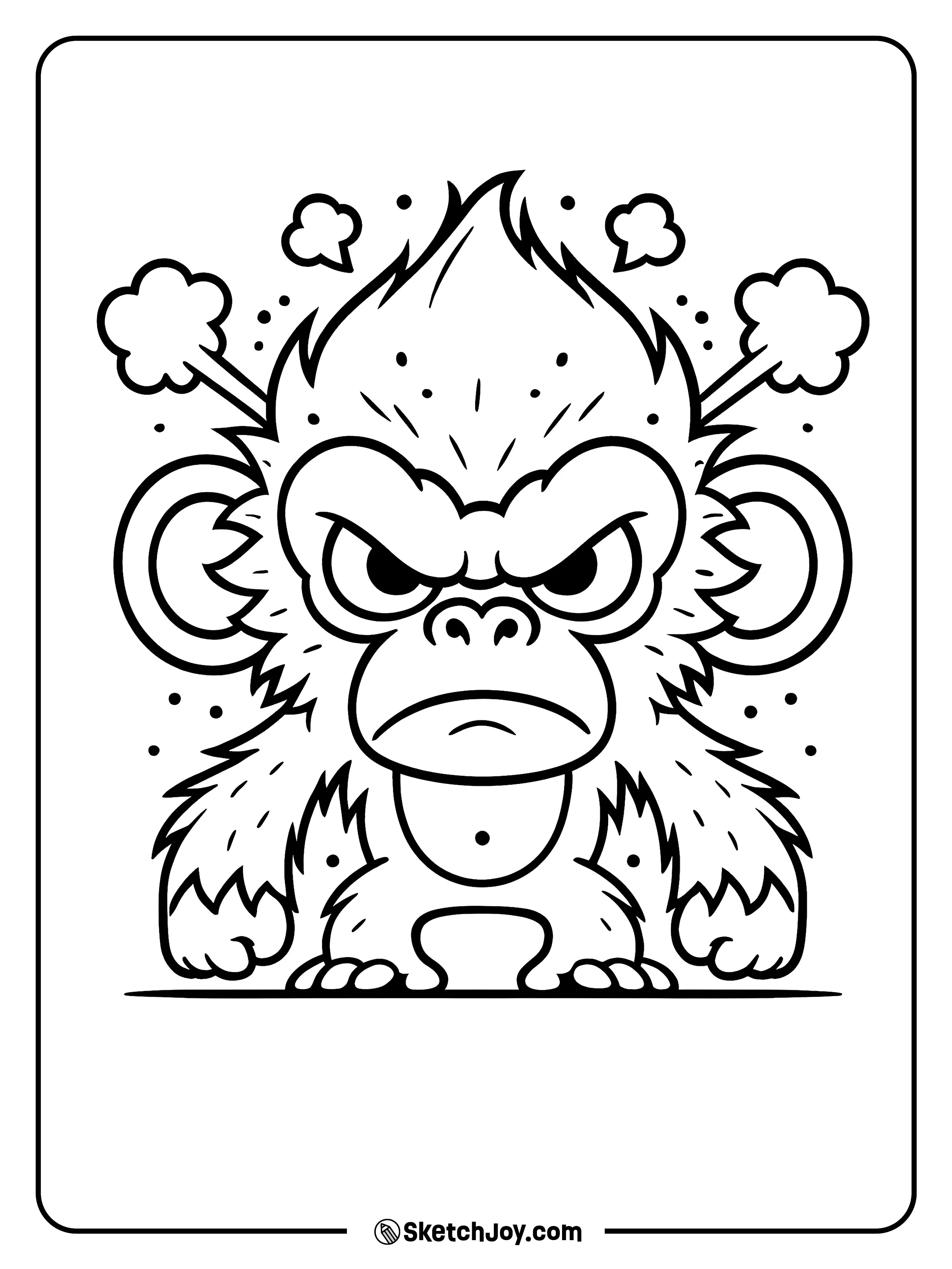 A small fluffy monkey stands with a deep frown and clenched fists.