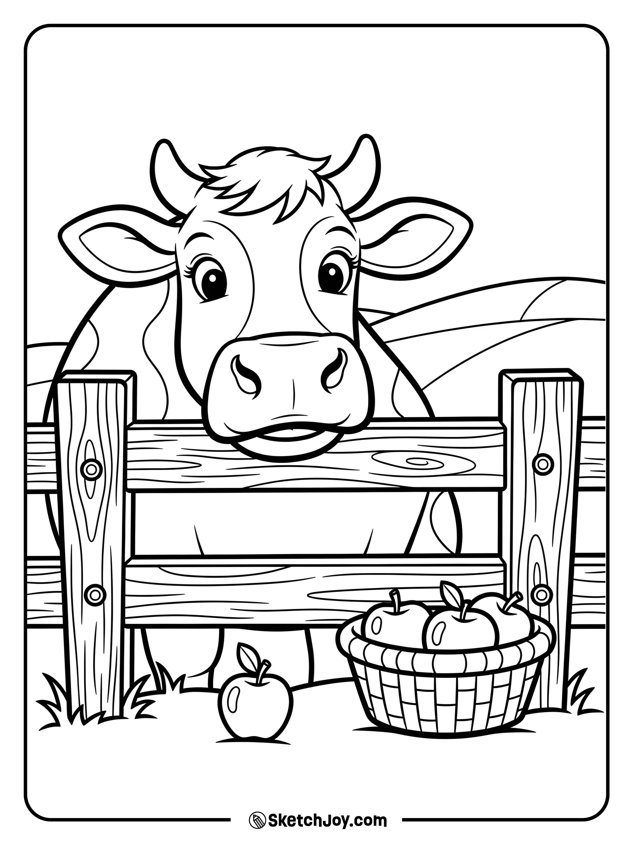 A cow leans over a fence rail to sniff a basket of apples.