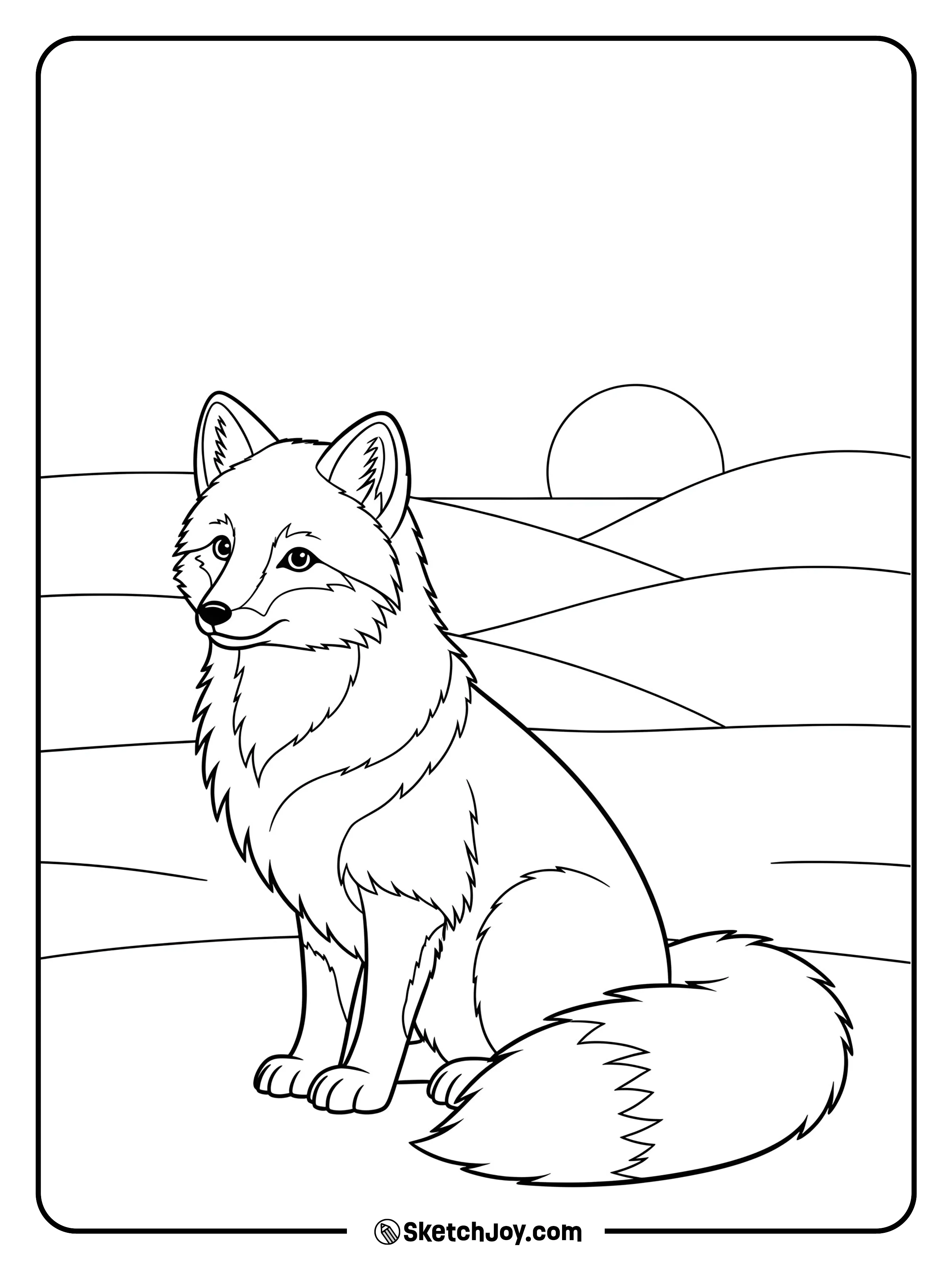 A fluffy arctic fox sits on a snowbank