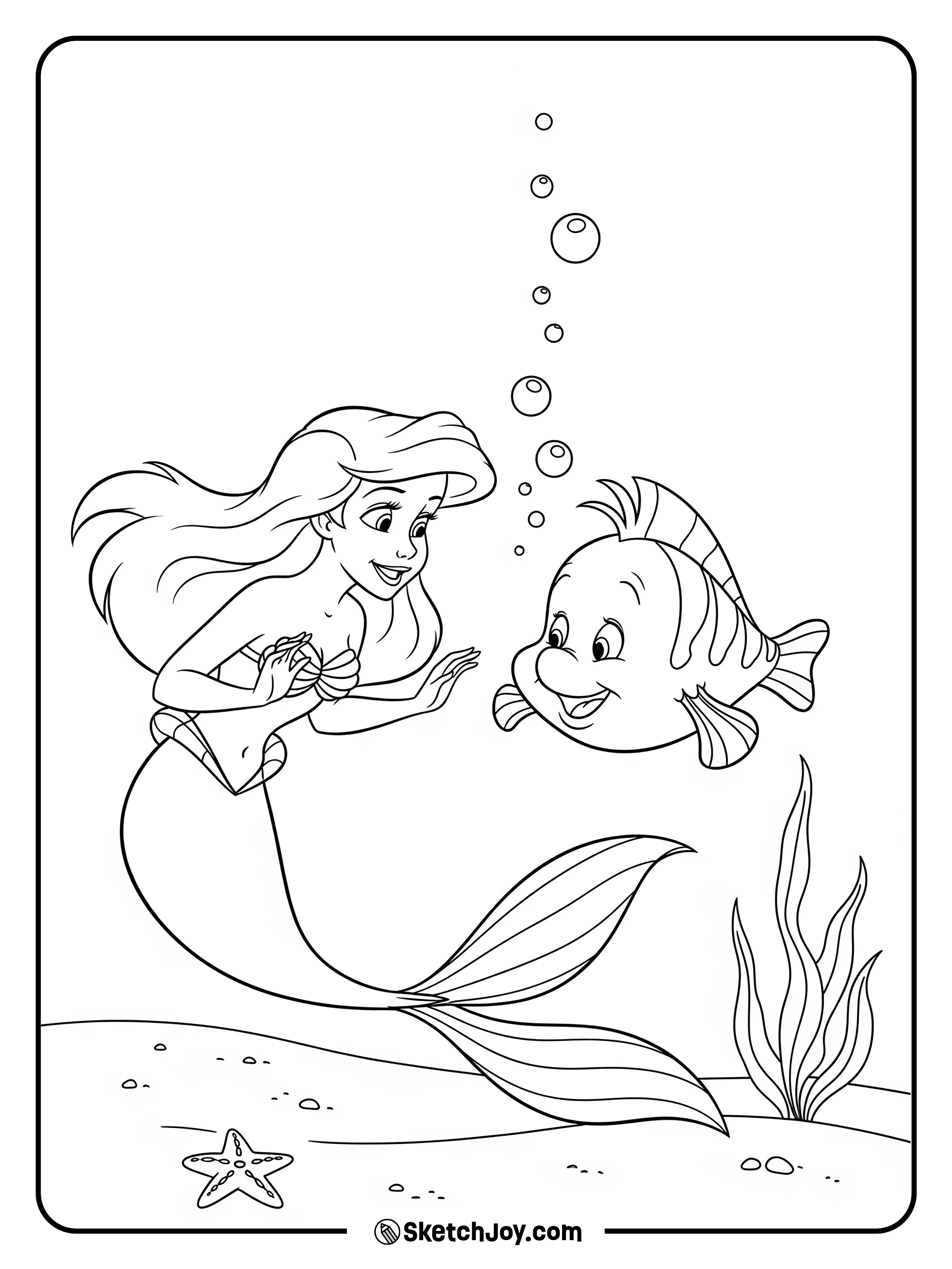 Ariel and Flounder share a cheerful underwater moment.
