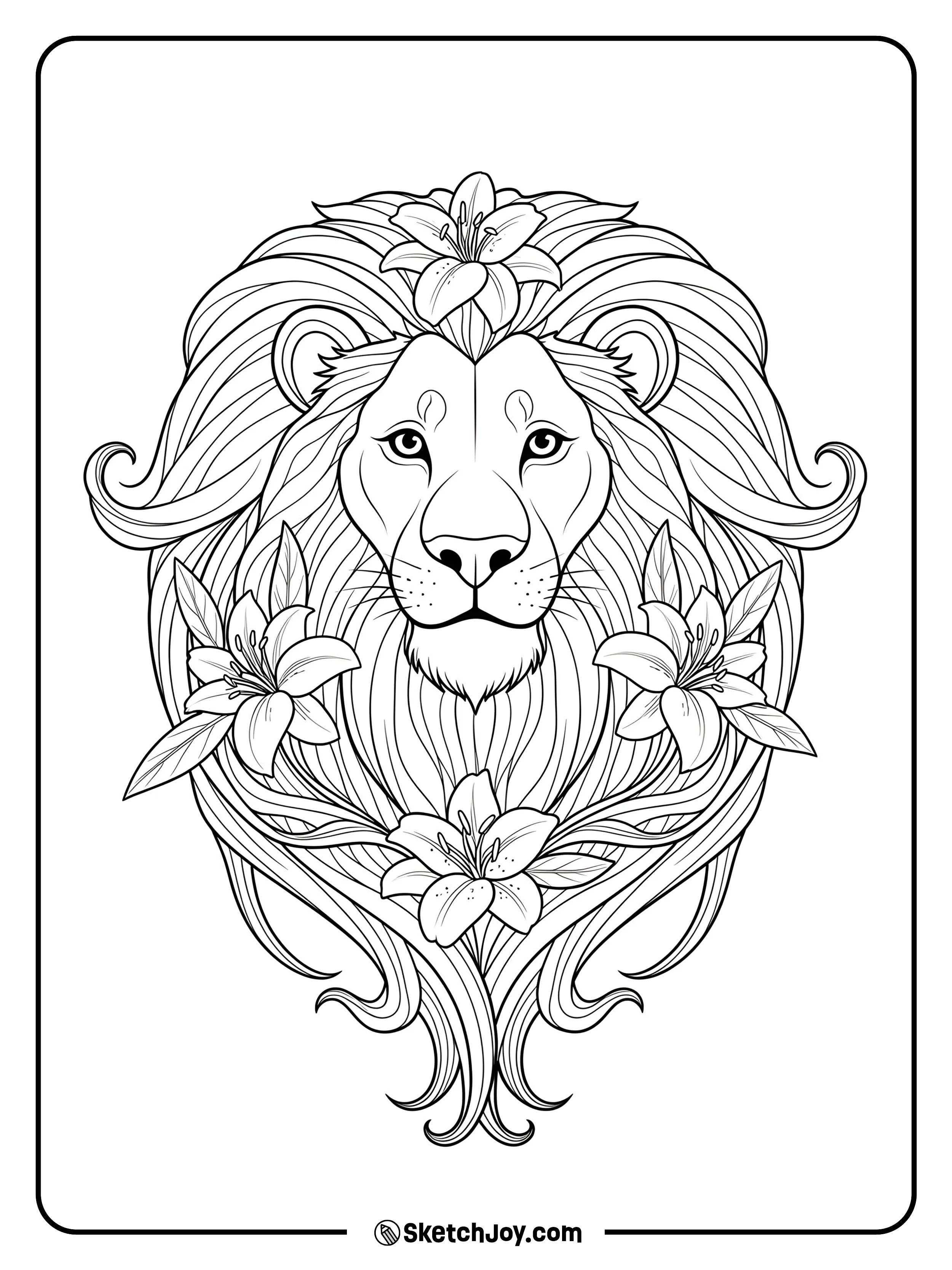 Elegant flowing mane lines echo lilies and leaves around the head.