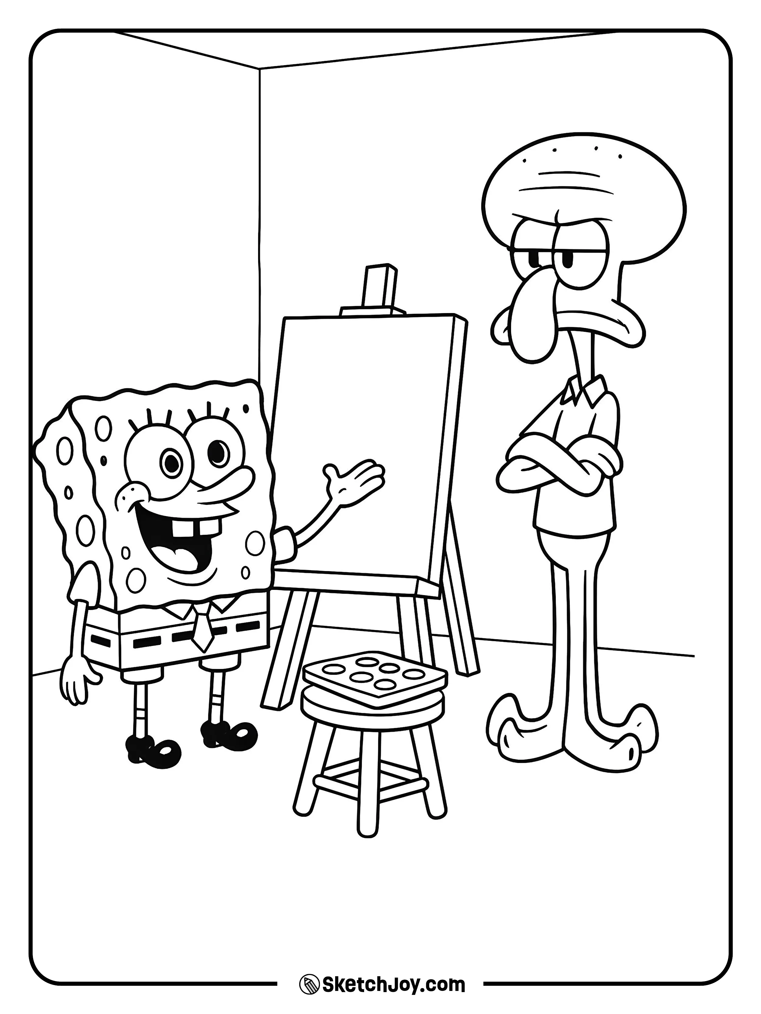 SpongeBob shows a painting while Squidward studies it with arms crossed.