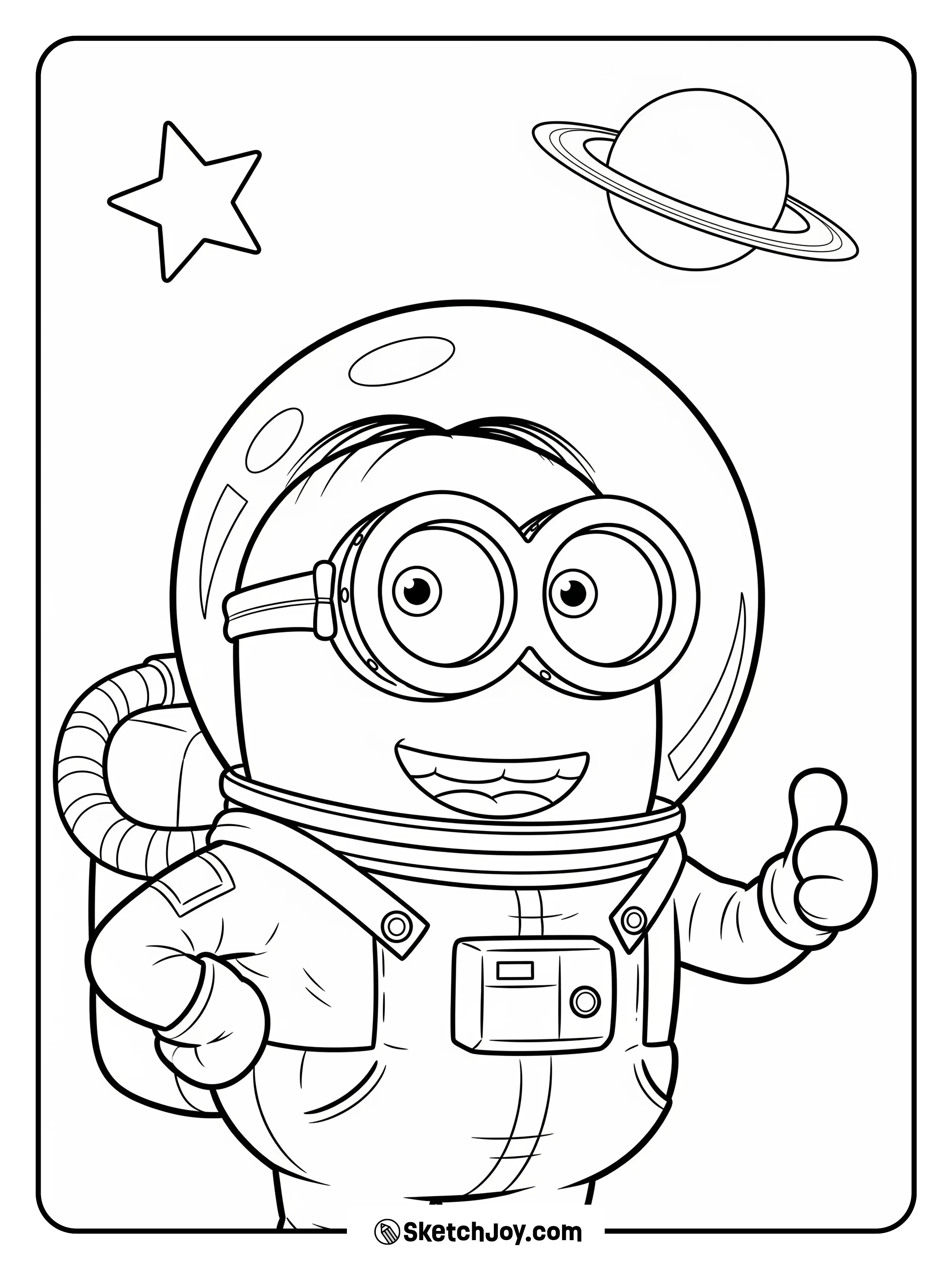 Kevin in a round space helmet floats near a single star and a tiny planet ring.