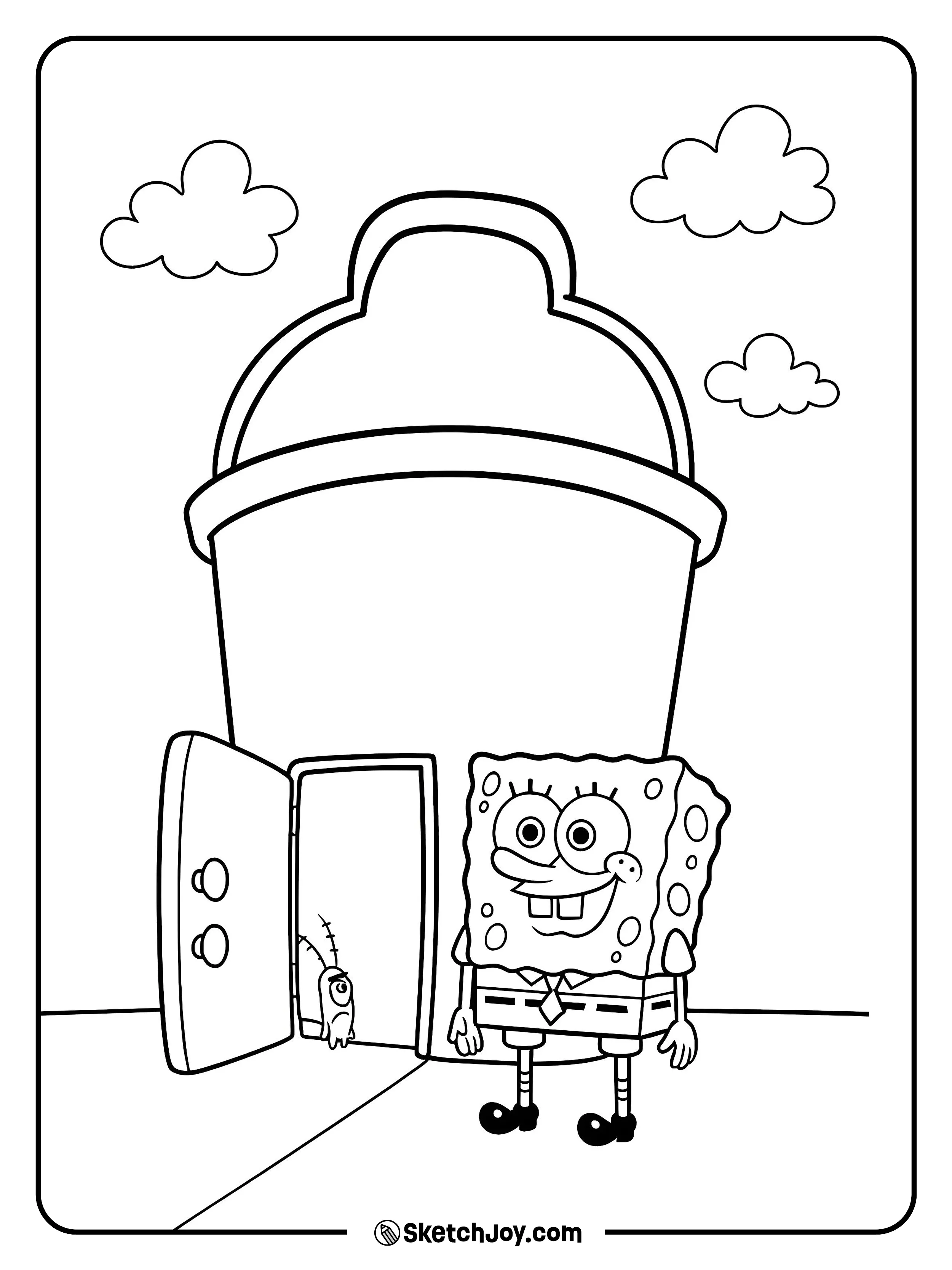 SpongeBob knocks while Plankton peeks out.