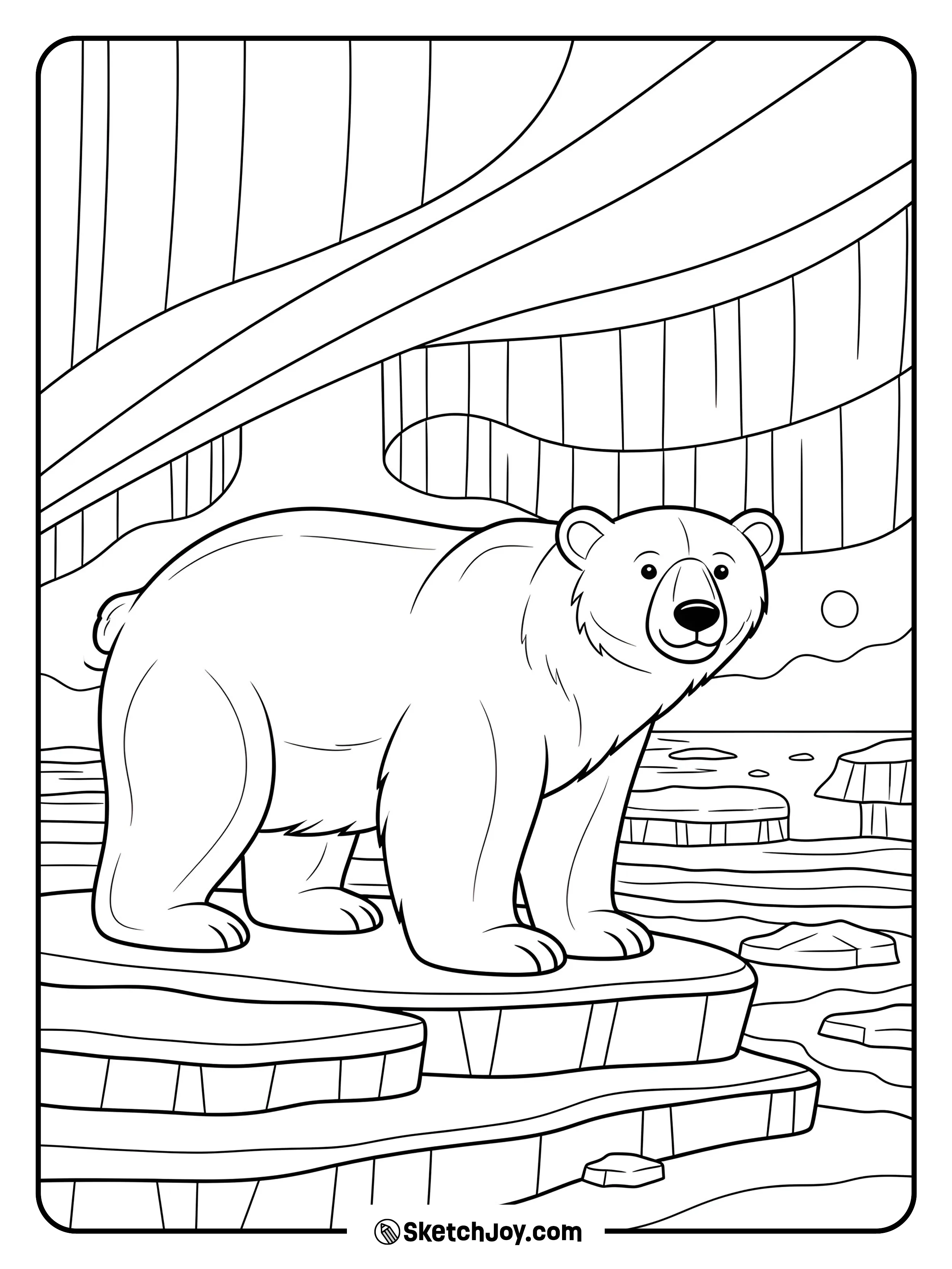 A polar bear looks up at a bright sky while ice ridges frame the scene.