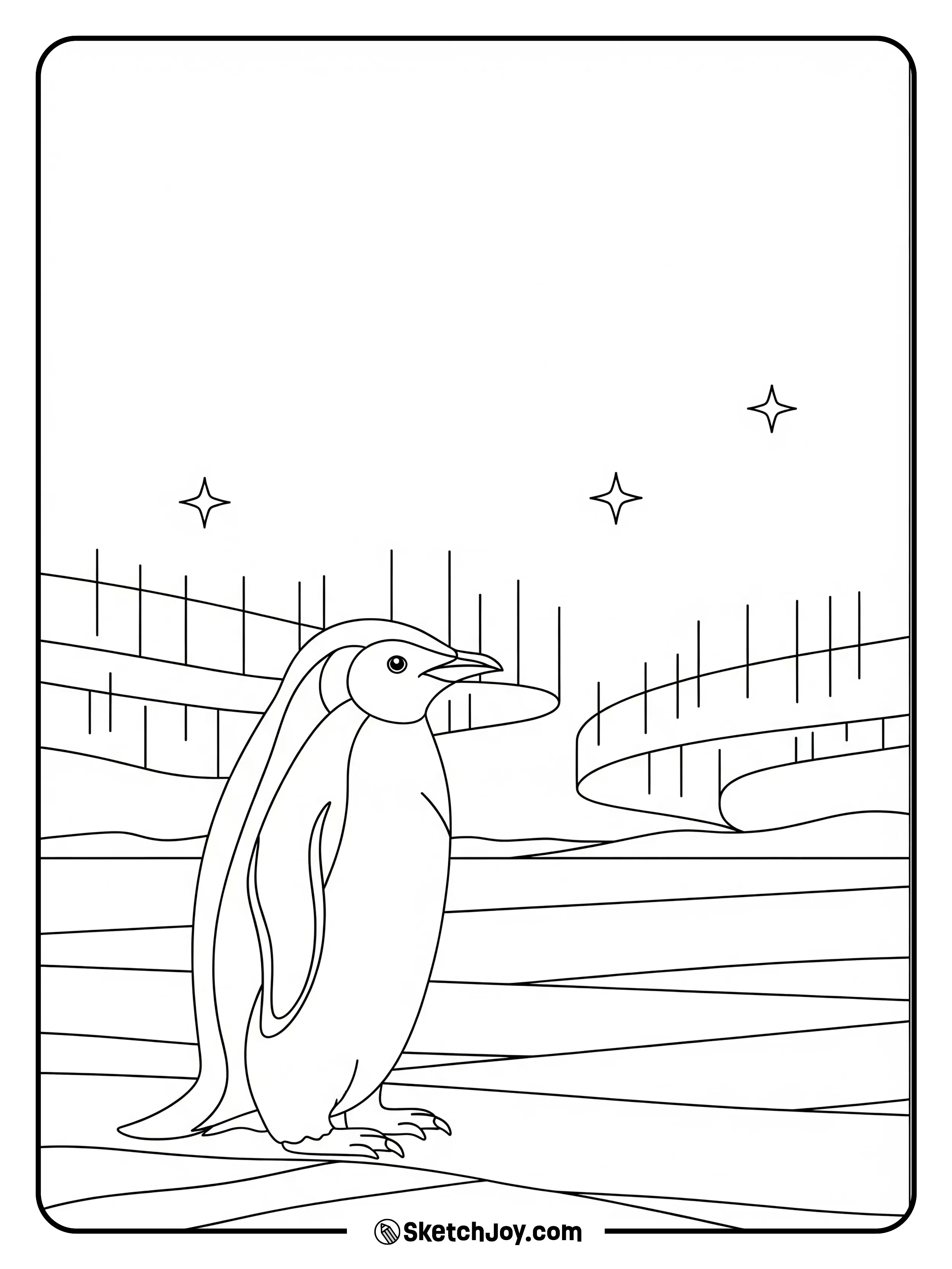 A penguin looks up at soft light bands in the night sky.